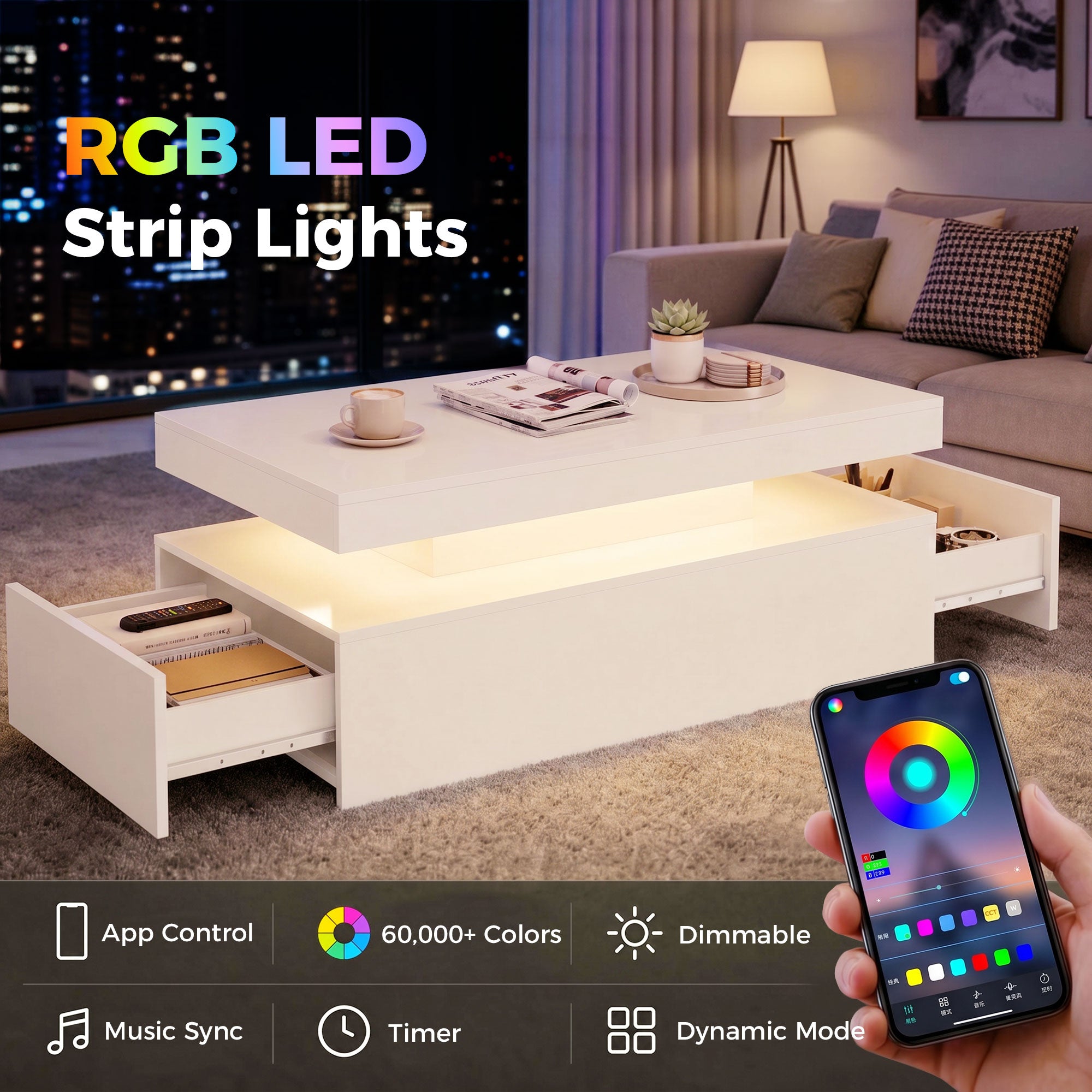 Coffee Table, High-Gloss White with Dimmable RGB LED Strip, App Control, 2 Drawers, Music Sync & Timer, Modern Side Table 39.4 x 19.7 x 15.7 in (100 x 50 x 40 cm)
