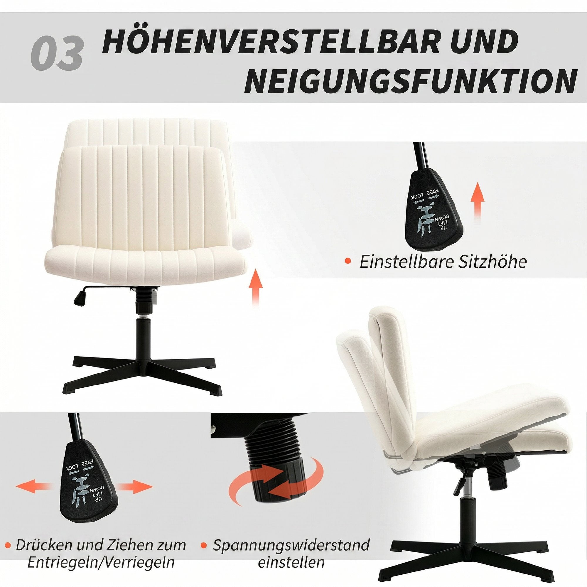 Home Office Linen-Effect Swivel Chair — Height-Adjustable Armless Desk & Vanity Chair, Wide Seat, Up to 265 lb, Cream White