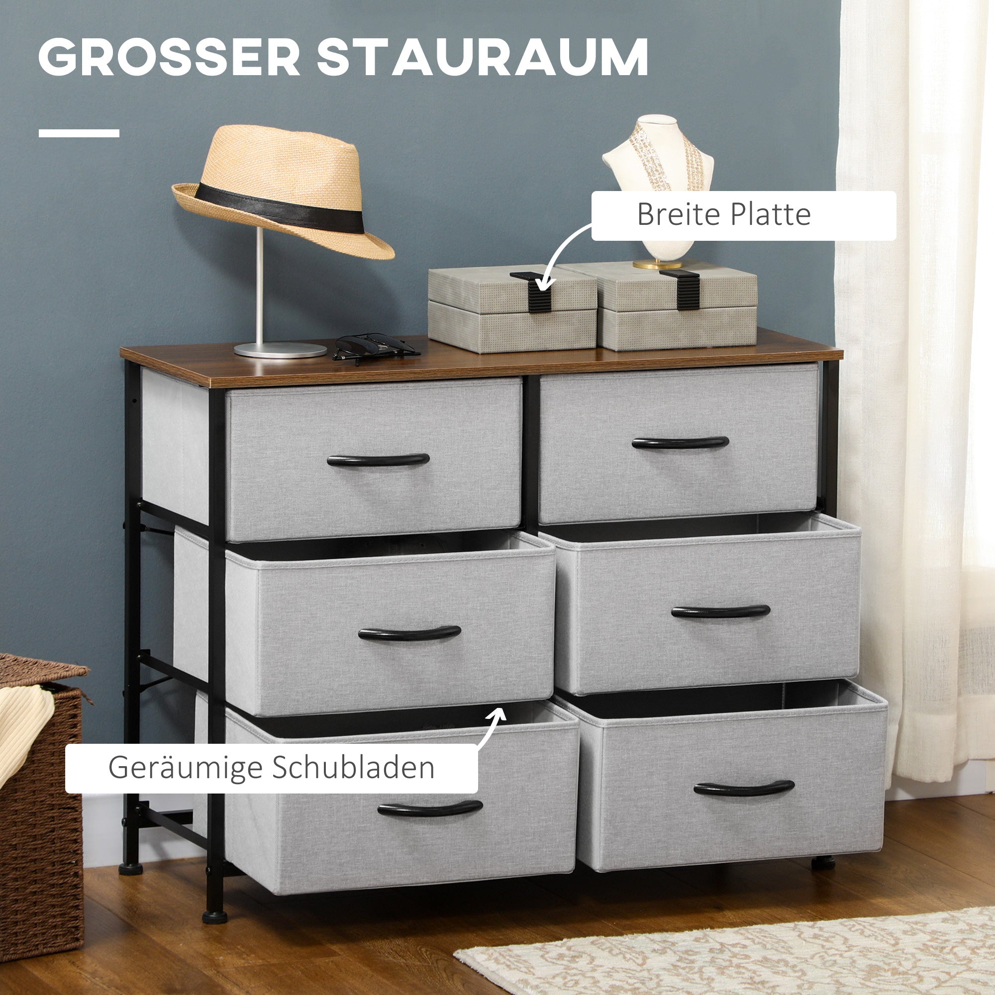 Dresser Sideboard with 6 Foldable Fabric Drawers, Drawer Cabinet with Worktop, Handle, Multi-purpose Cabinet with Anti-Tip Device, for Living Room Bedroom, Gray