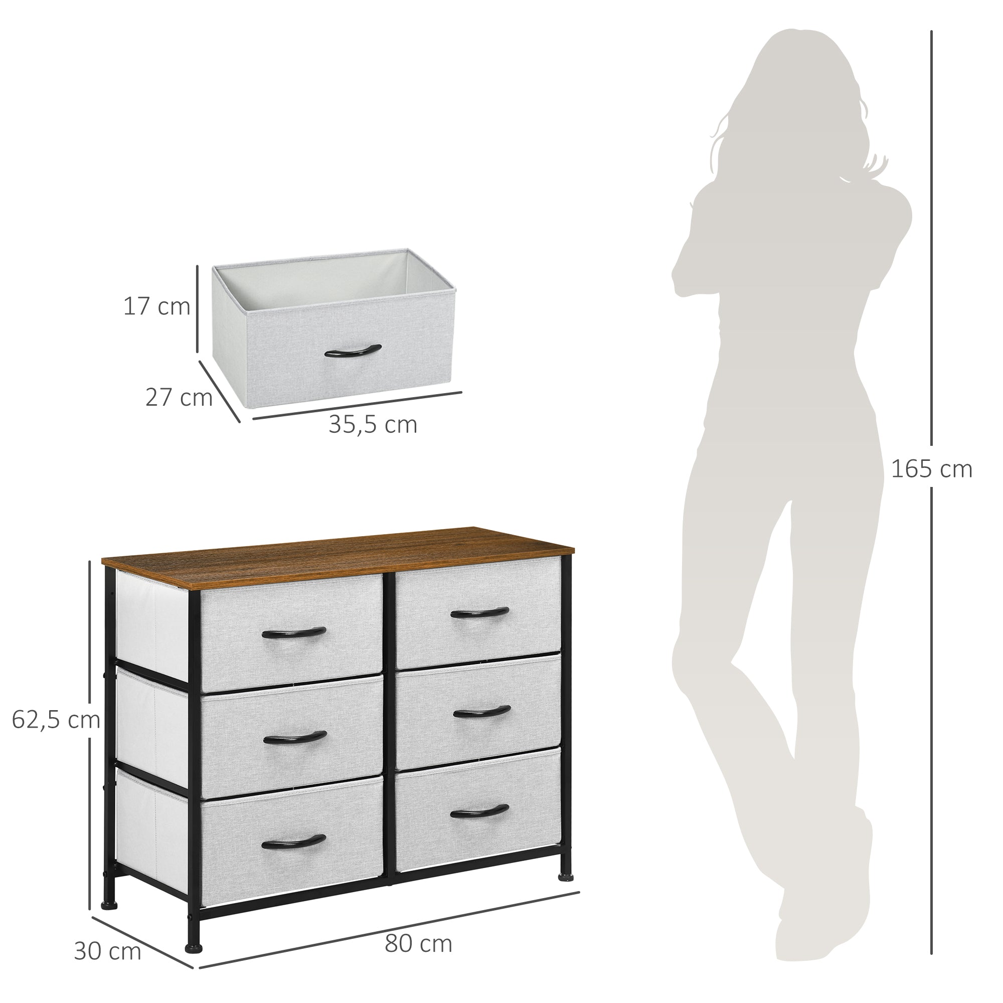 Dresser Sideboard with 6 Foldable Fabric Drawers, Drawer Cabinet with Worktop, Handle, Multi-purpose Cabinet with Anti-Tip Device, for Living Room Bedroom, Gray