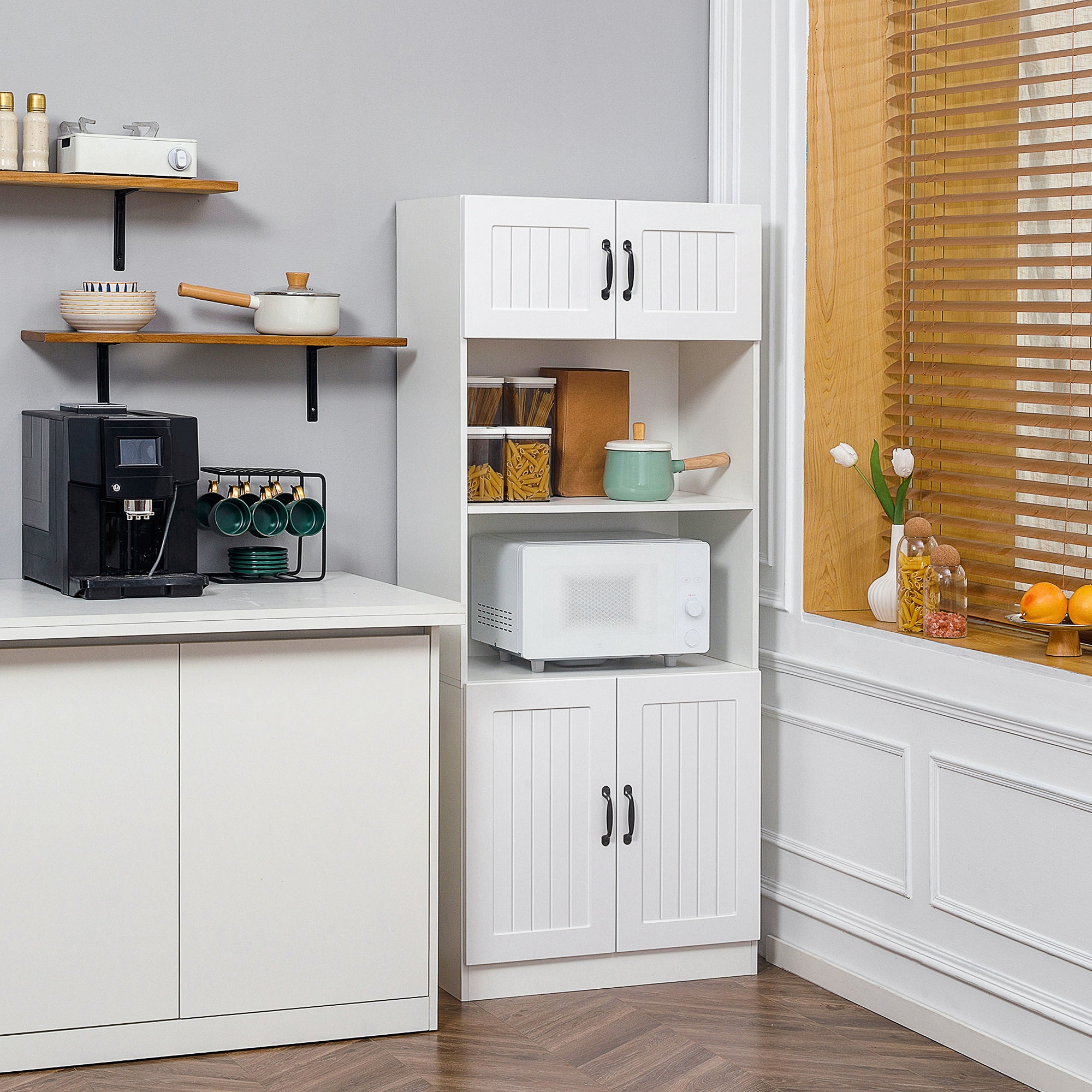 Kitchen Cabinet Kitchen Buffet Tall Cabinet with 2 Shelves and 2 Cabinets Dining Room Cupboard with Adjustable Shelf Boards Microwave Stand Anti-Tip Strap Country Style White
