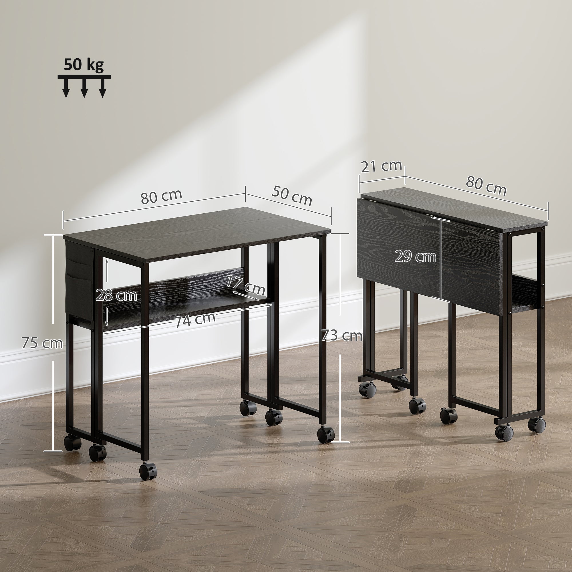 Space Saving Folding Flip-Top Desk, Small Desk with Brake Wheels, Shelf and Storage Pocket, Foldable Computer Table for Home, Study, and Office, 80x50x75 cm, Black