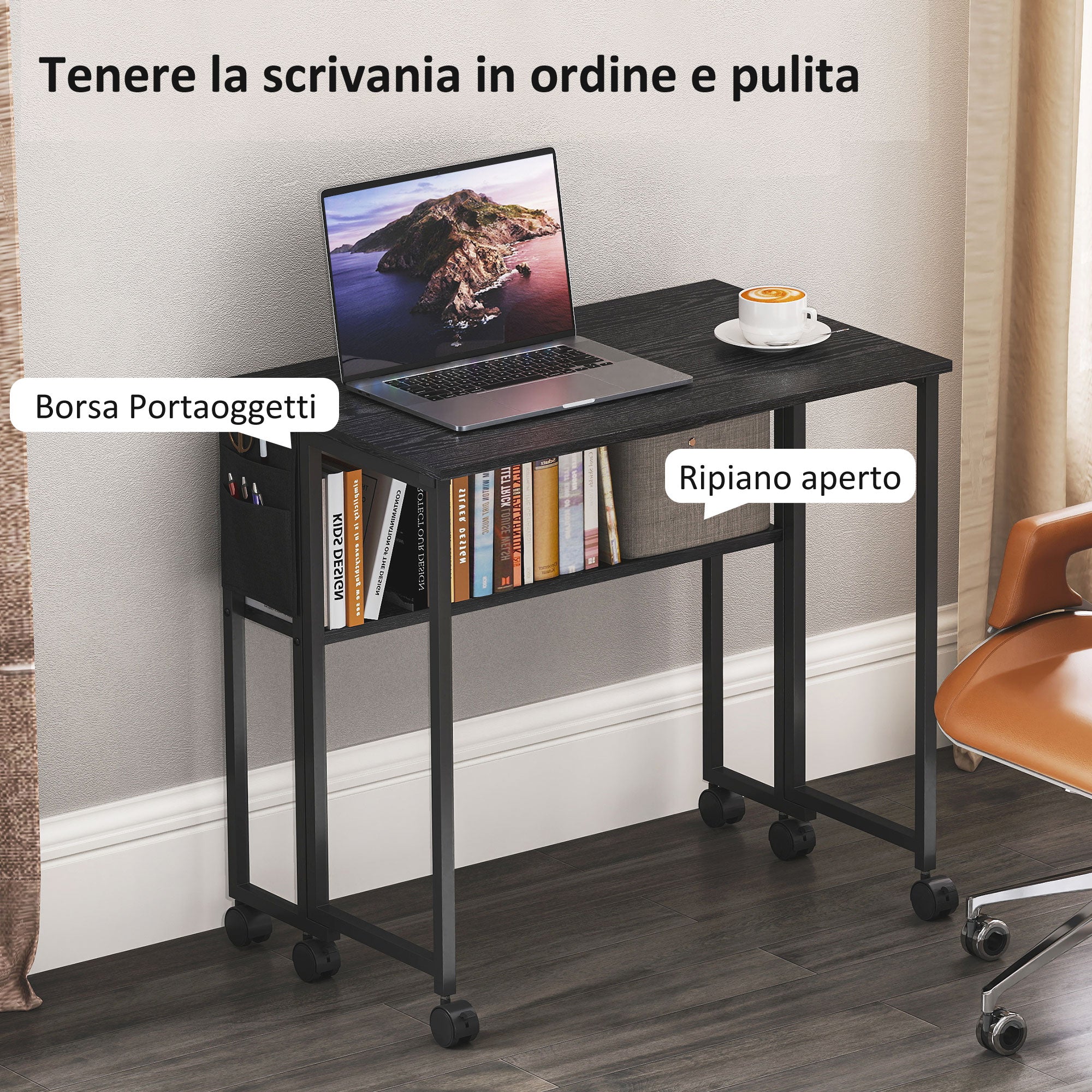 Space Saving Folding Flip-Top Desk, Small Desk with Brake Wheels, Shelf and Storage Pocket, Foldable Computer Table for Home, Study, and Office, 80x50x75 cm, Black