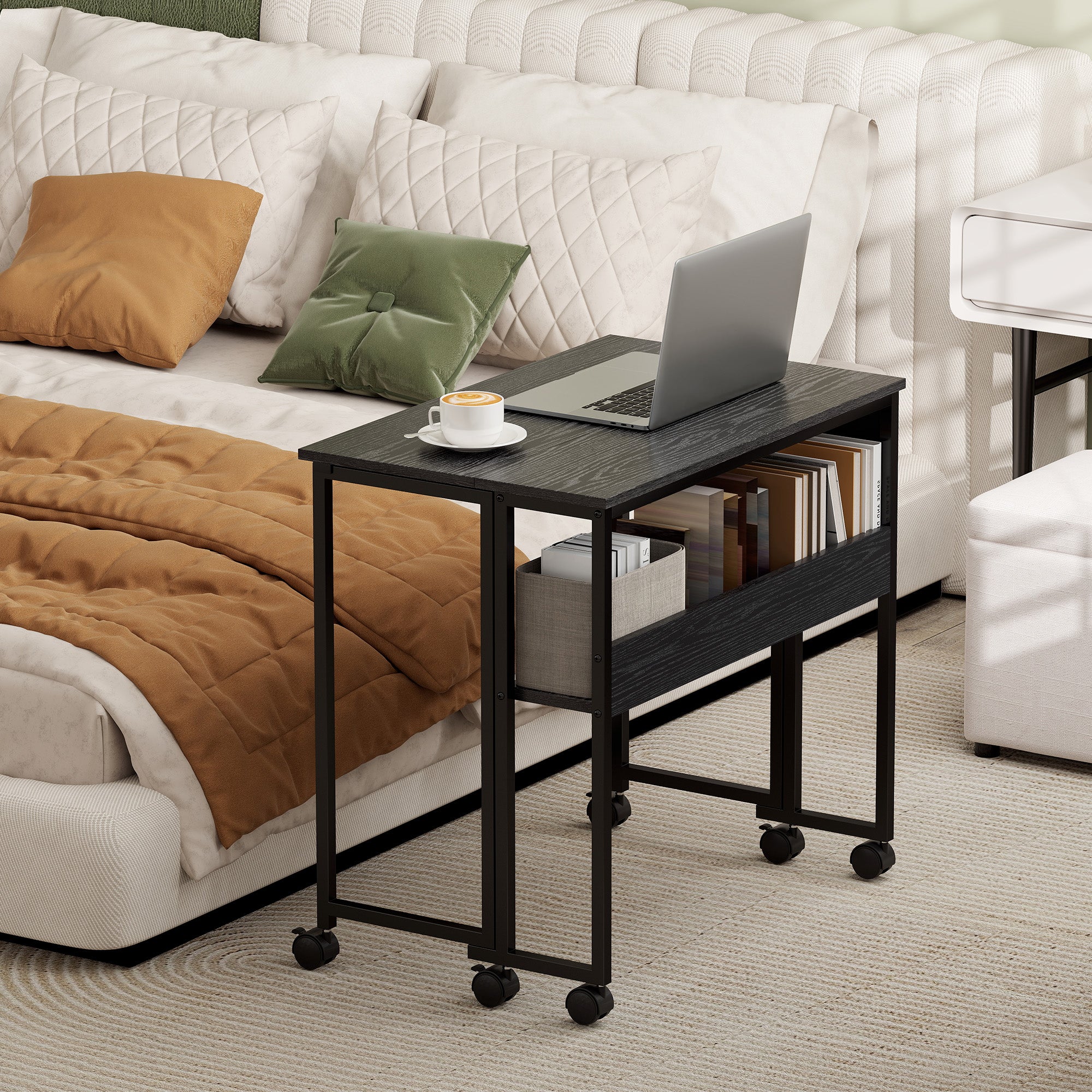 Space Saving Folding Flip-Top Desk, Small Desk with Brake Wheels, Shelf and Storage Pocket, Foldable Computer Table for Home, Study, and Office, 80x50x75 cm, Black