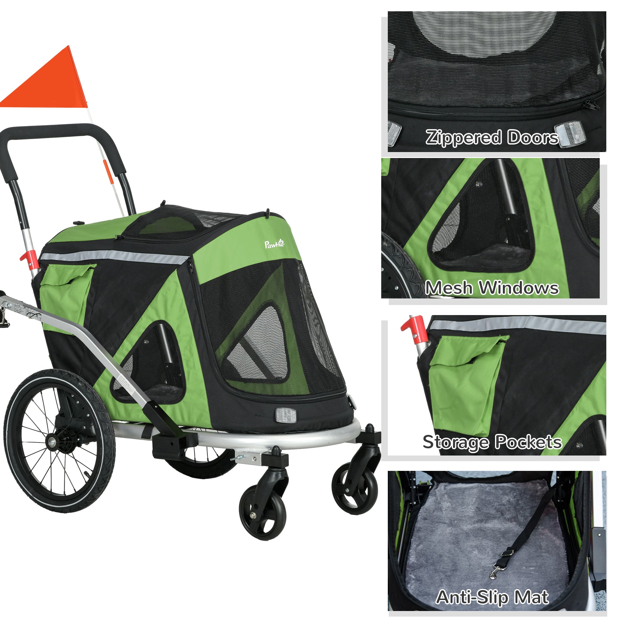 2-in-1 Dog Bicycle Trailer Pet Stroller & Jogger with Safety Leash, Dog Carriage with Reflectors Shock Absorbers for Medium Dogs up to 20 kg, Oxford Fabric, Green