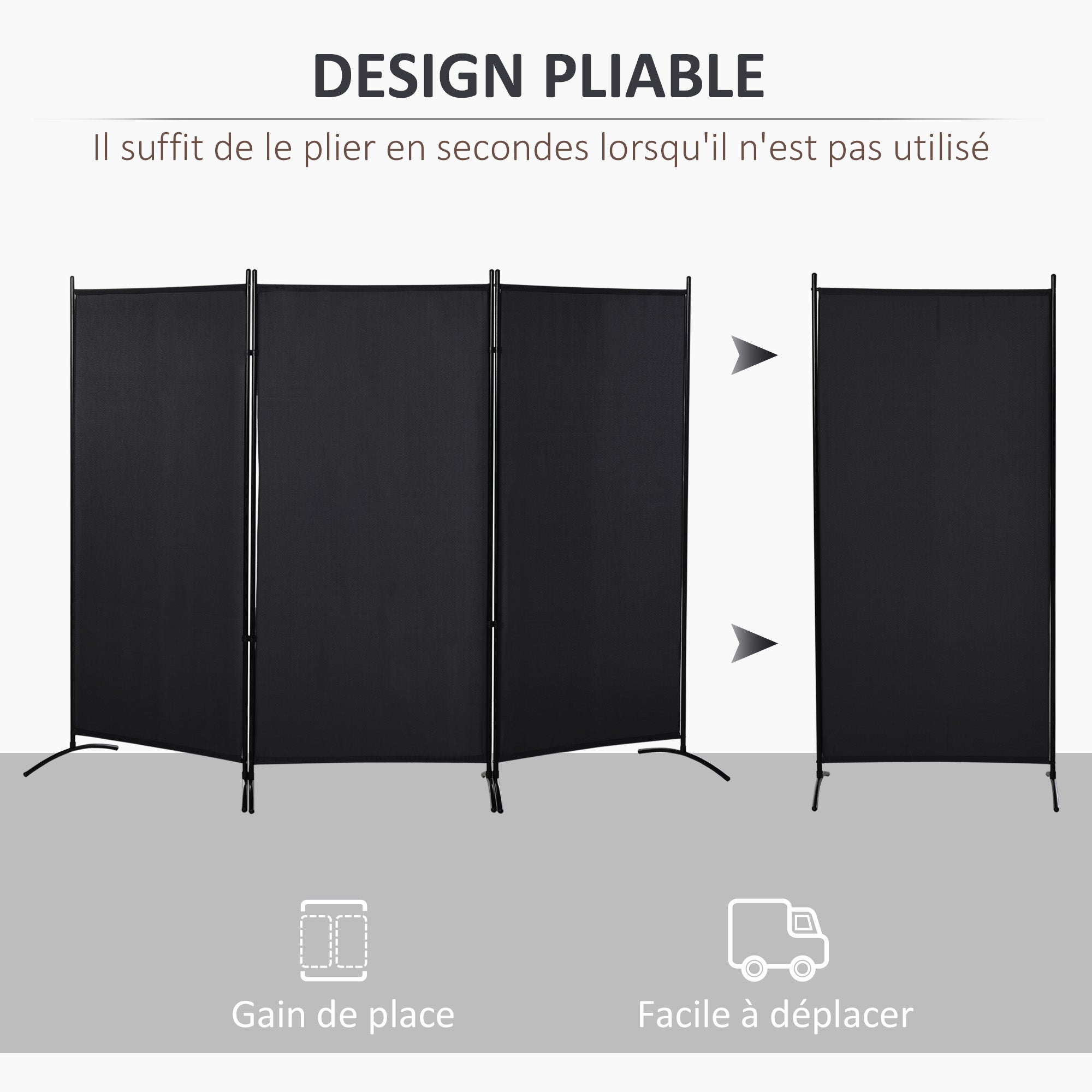 3-Panel Room Divider 2.53m x 0.5m x 1.82m Side Awning Windbreak on Stand Metal Polyester High-Density Black