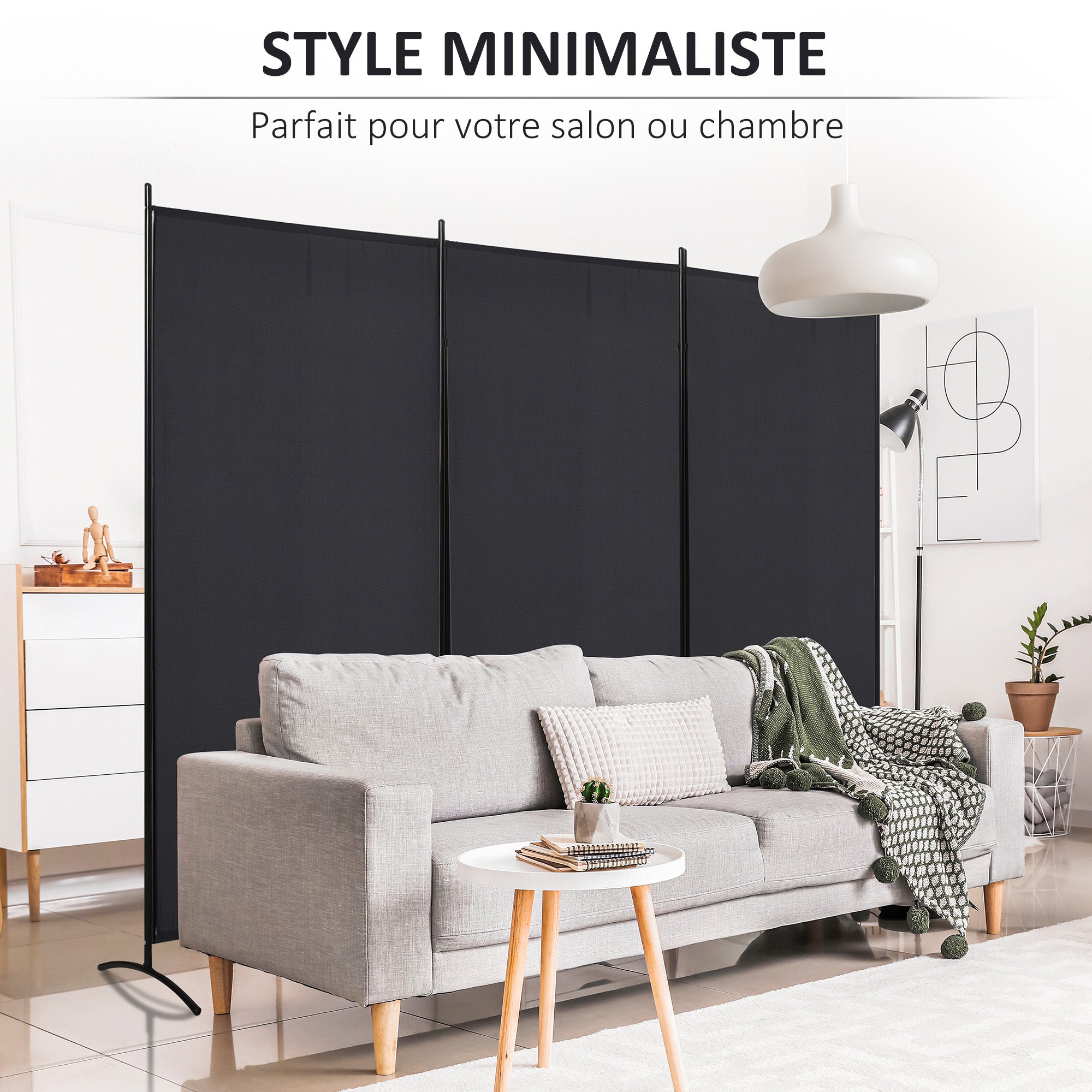 3-Panel Room Divider 2.53m x 0.5m x 1.82m Side Awning Windbreak on Stand Metal Polyester High-Density Black