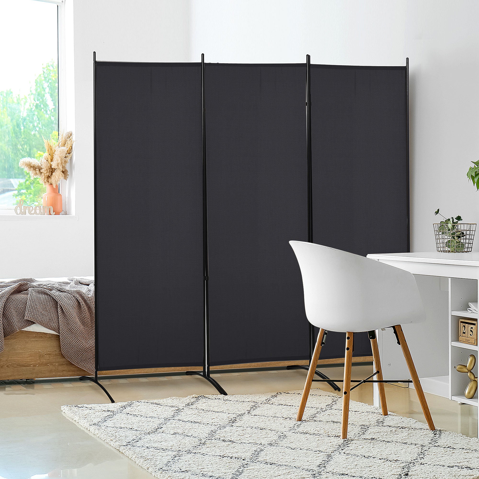 3-Panel Room Divider 2.53m x 0.5m x 1.82m Side Awning Windbreak on Stand Metal Polyester High-Density Black
