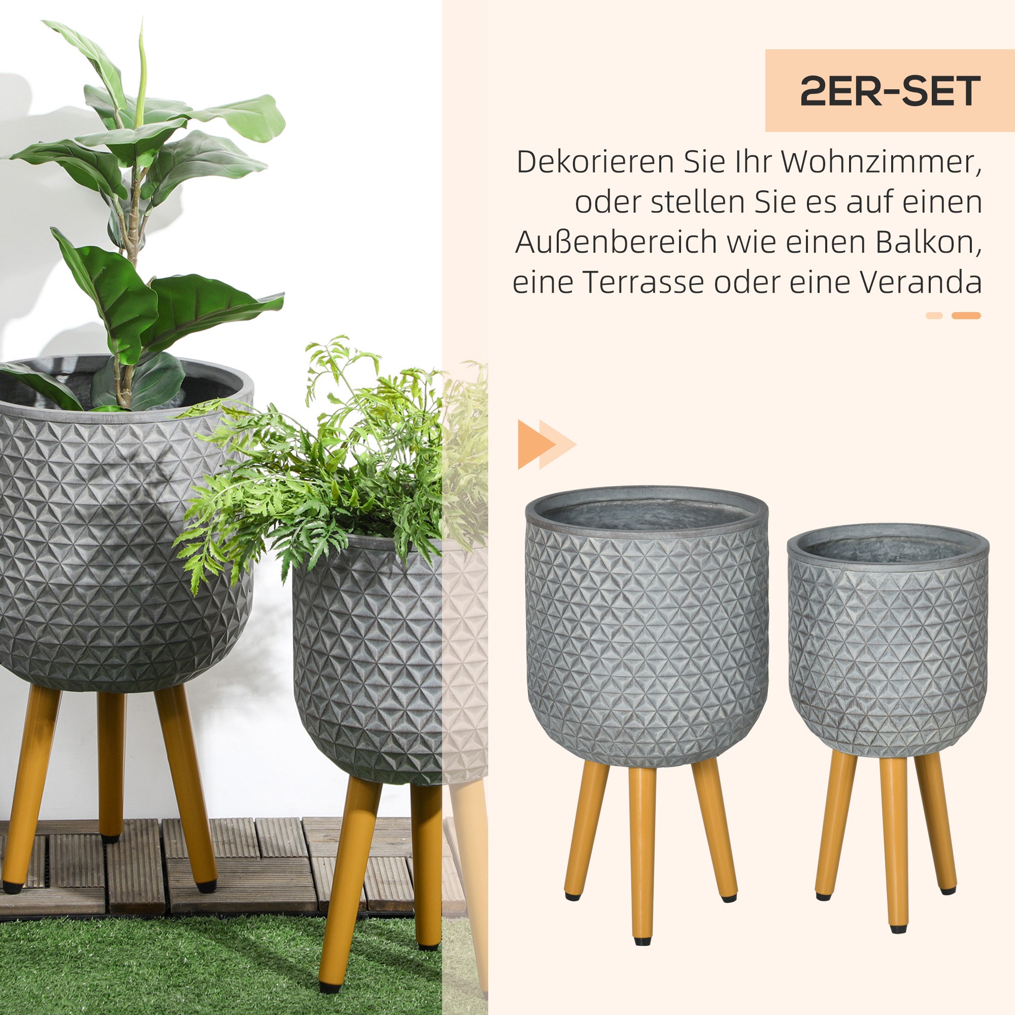 Set of 2 Planters, Flower Pots with Removable Legs, Drainage Holes, Planter, Herb Pot for Indoor and Outdoor Use, MgO, Gray