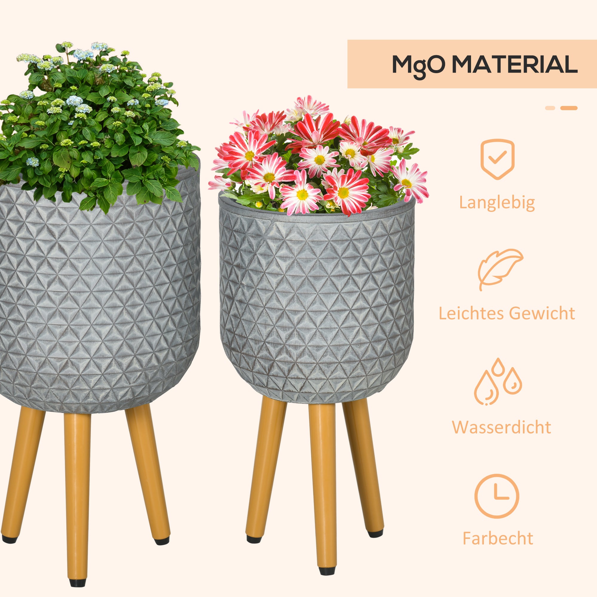 Set of 2 Planters, Flower Pots with Removable Legs, Drainage Holes, Planter, Herb Pot for Indoor and Outdoor Use, MgO, Gray