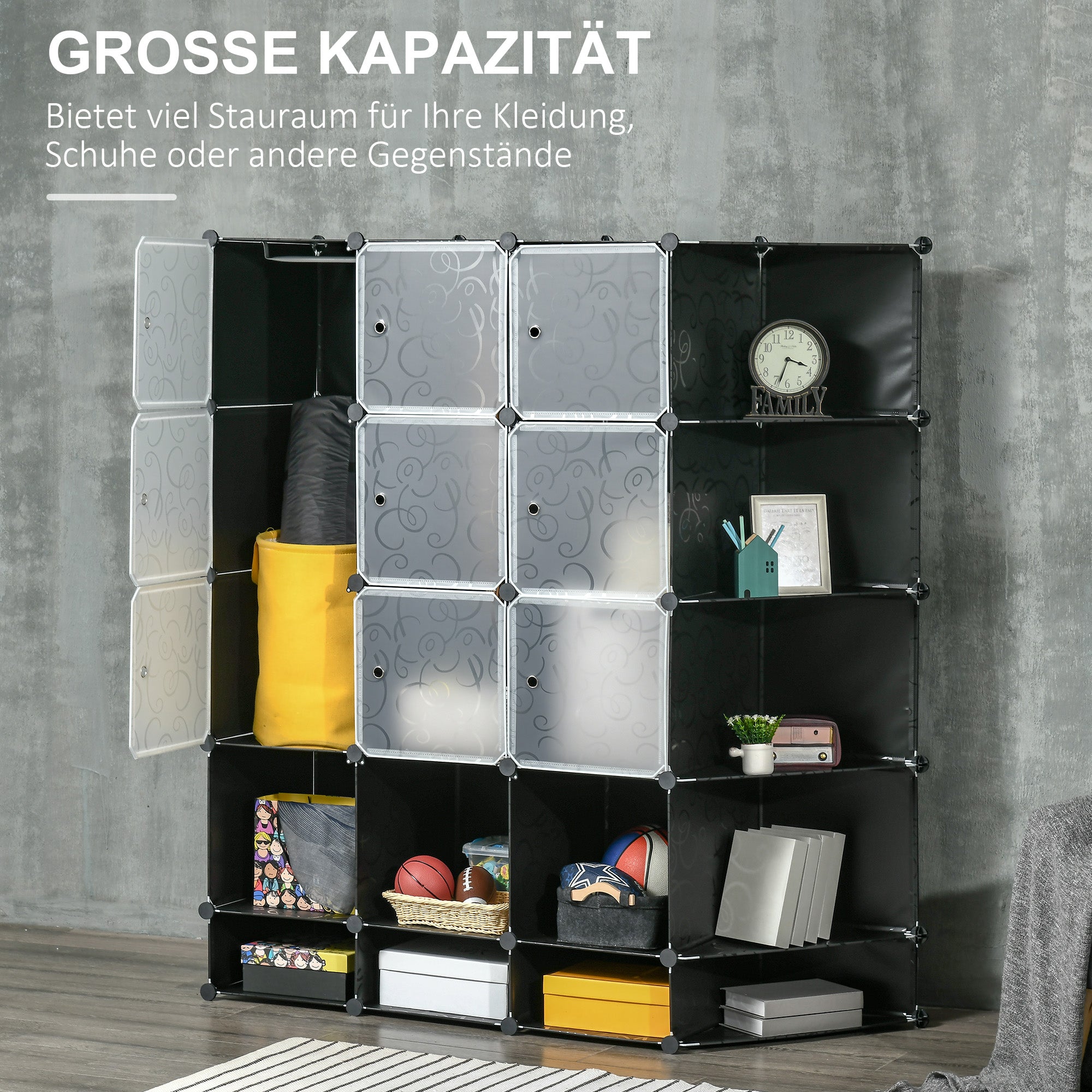 DIY Wardrobe Shelving System with 16 Compartments and 2 Rods DIY Cube Organizer, Storage Shelf for Clothes, Shoes, Black 145 x 46 x 162 cm