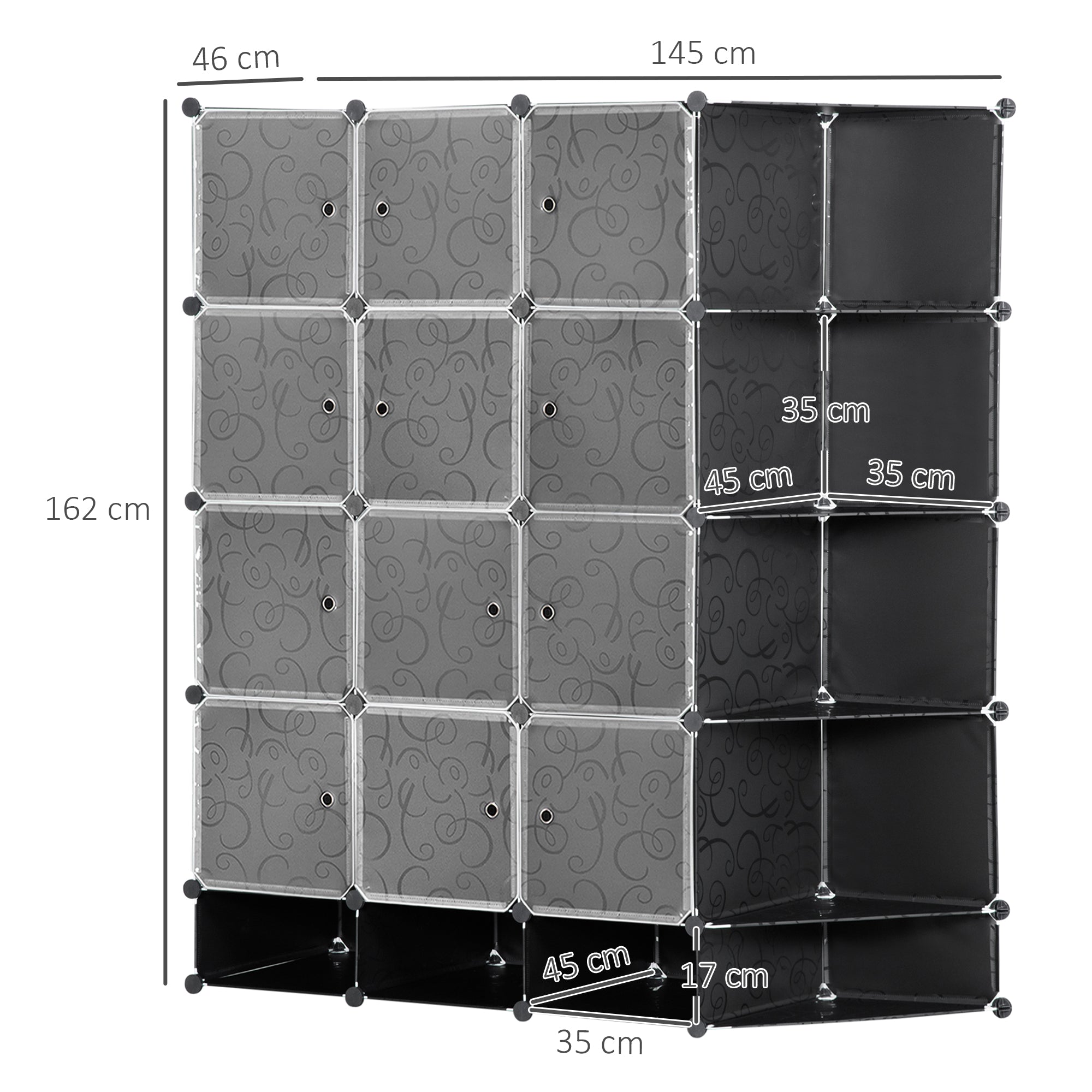 DIY Wardrobe Shelving System with 16 Compartments and 2 Rods DIY Cube Organizer, Storage Shelf for Clothes, Shoes, Black 145 x 46 x 162 cm