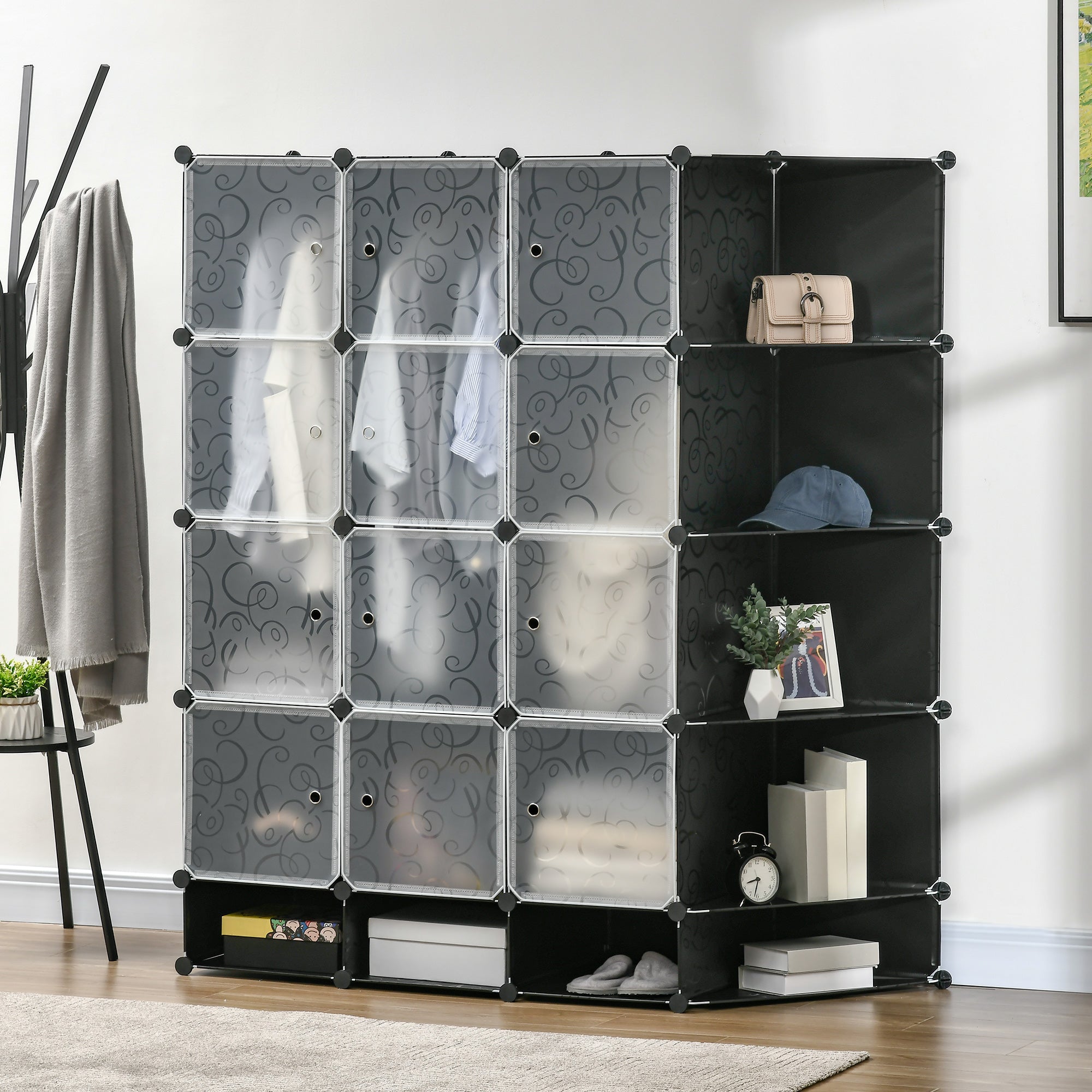 DIY Wardrobe Shelving System with 16 Compartments and 2 Rods DIY Cube Organizer, Storage Shelf for Clothes, Shoes, Black 145 x 46 x 162 cm