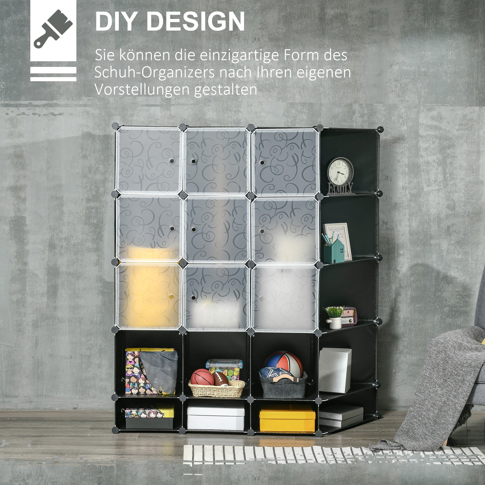 DIY Wardrobe Shelving System with 16 Compartments and 2 Rods DIY Cube Organizer, Storage Shelf for Clothes, Shoes, Black 145 x 46 x 162 cm