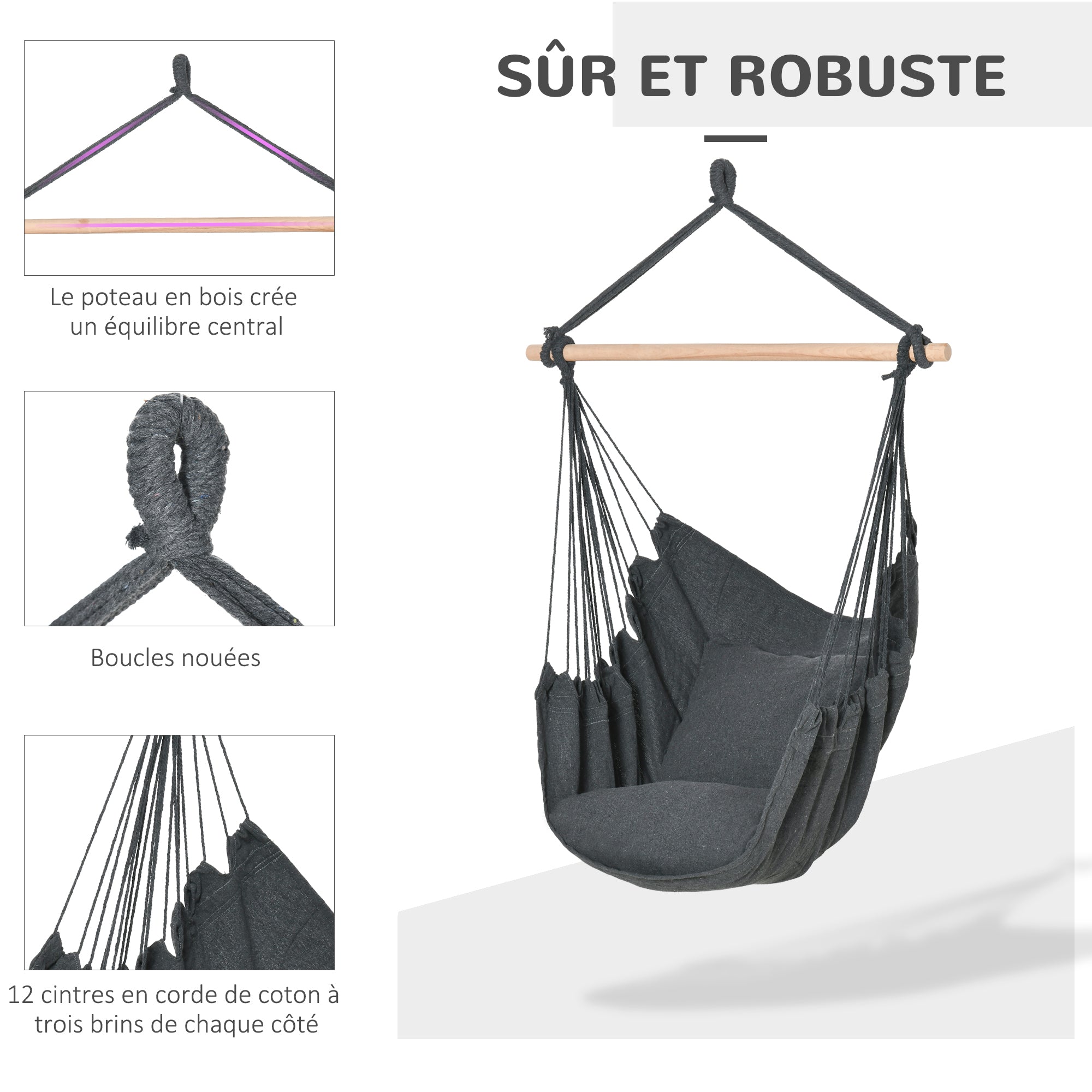 Outdoor Hanging Chair Hammock Swing Chair with 2 Cushions, Indoor and Outdoor, Blended Cotton Fabric, for Courtyard Patio Lawn, Dark Gray