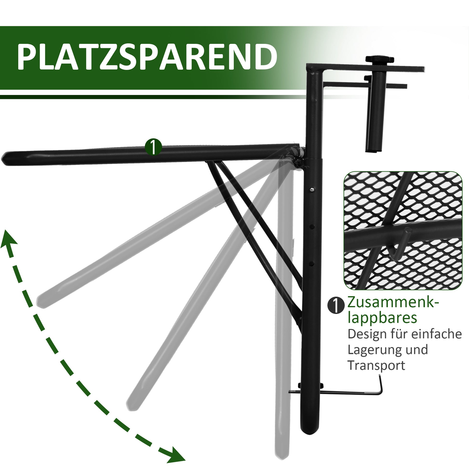 Balcony Hanging Table 3-Step Height Adjustable Hanging Table Made of Metal Weatherproof Balcony Table Side Table for Balcony Railing Terrace Railing Table for Hanging 60 x 56.5 cm, Black