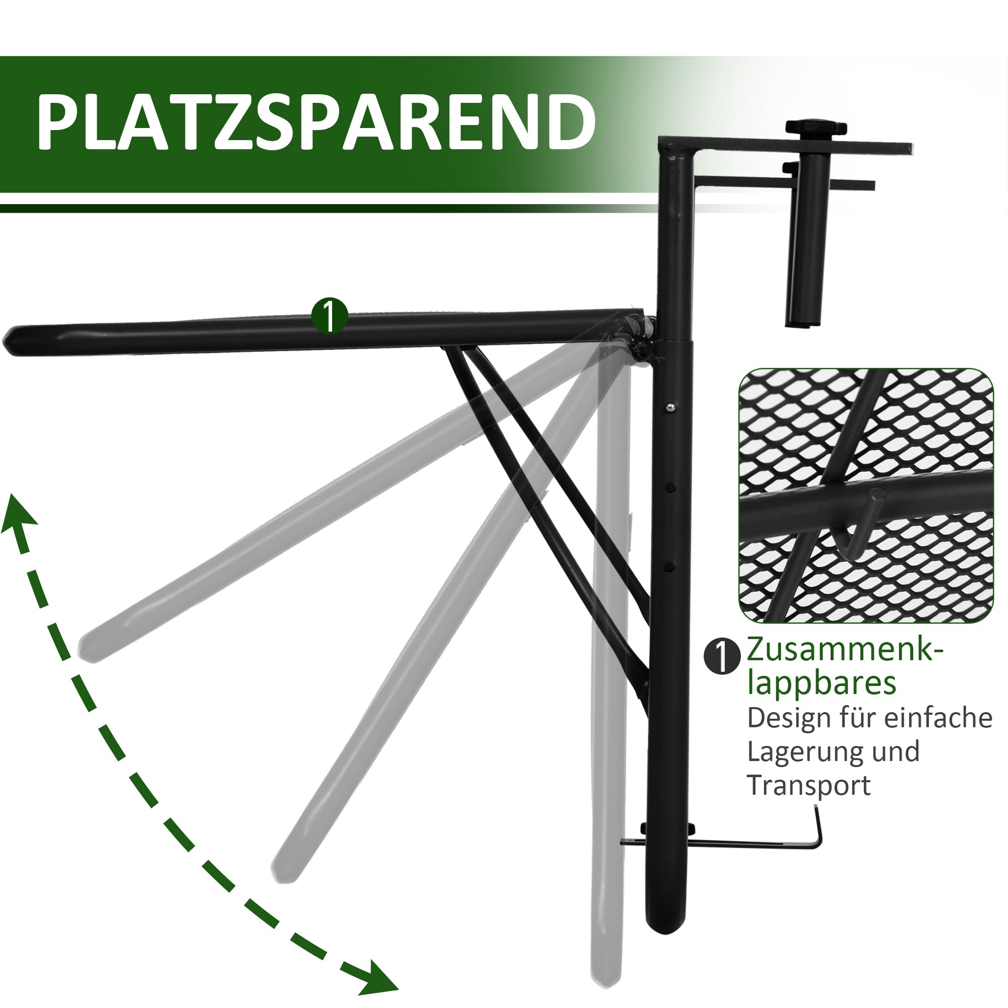 Balcony Hanging Table 3-Step Height Adjustable Hanging Table Made of Metal Weatherproof Balcony Table Side Table for Balcony Railing Terrace Railing Table for Hanging 60 x 56.5 cm, Black