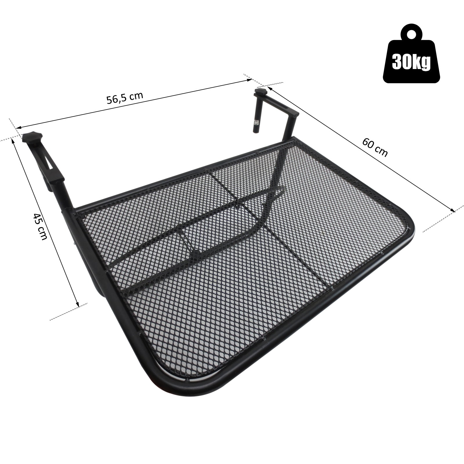 Balcony Hanging Table 3-Step Height Adjustable Hanging Table Made of Metal Weatherproof Balcony Table Side Table for Balcony Railing Terrace Railing Table for Hanging 60 x 56.5 cm, Black