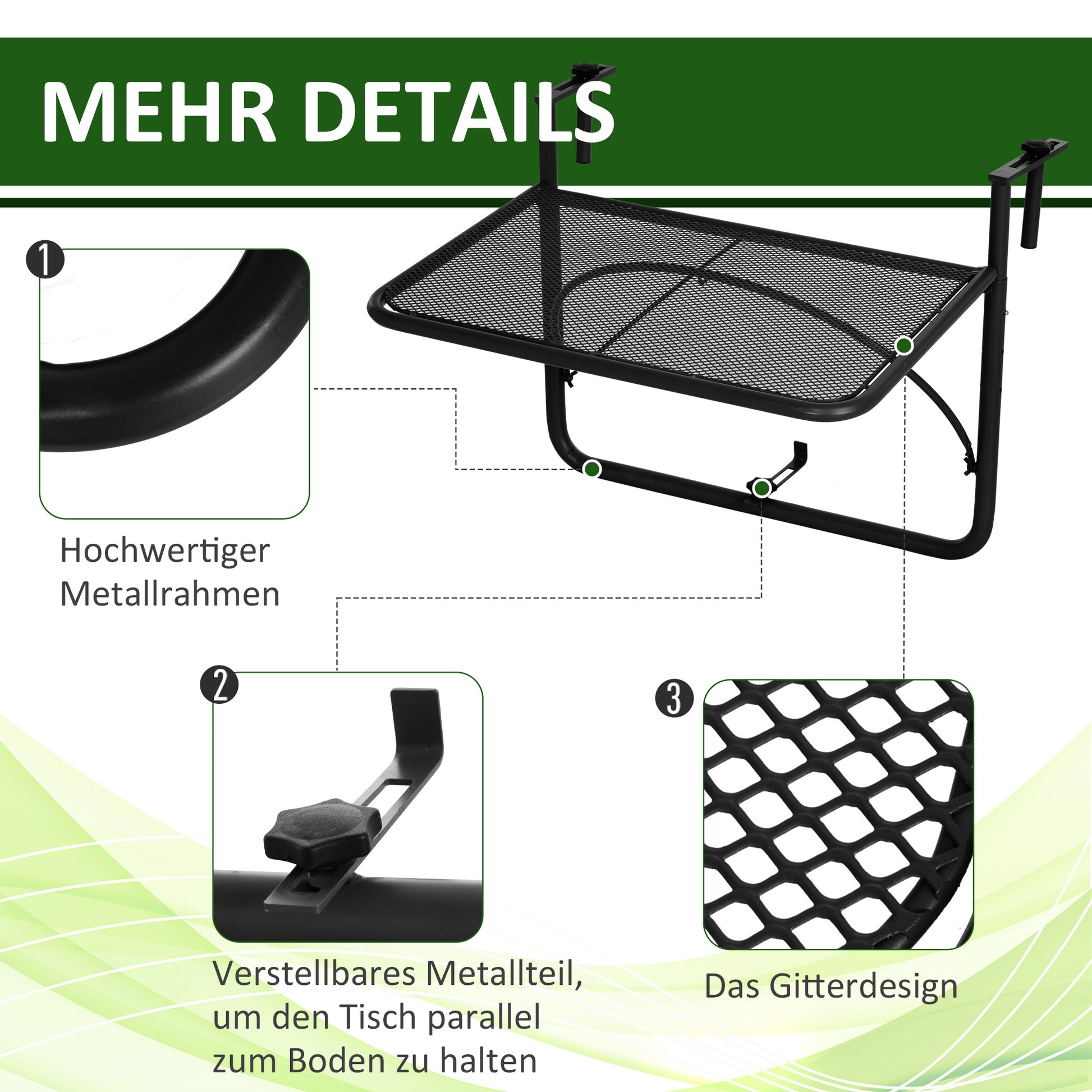 Balcony Hanging Table 3-Step Height Adjustable Hanging Table Made of Metal Weatherproof Balcony Table Side Table for Balcony Railing Terrace Railing Table for Hanging 60 x 56.5 cm, Black
