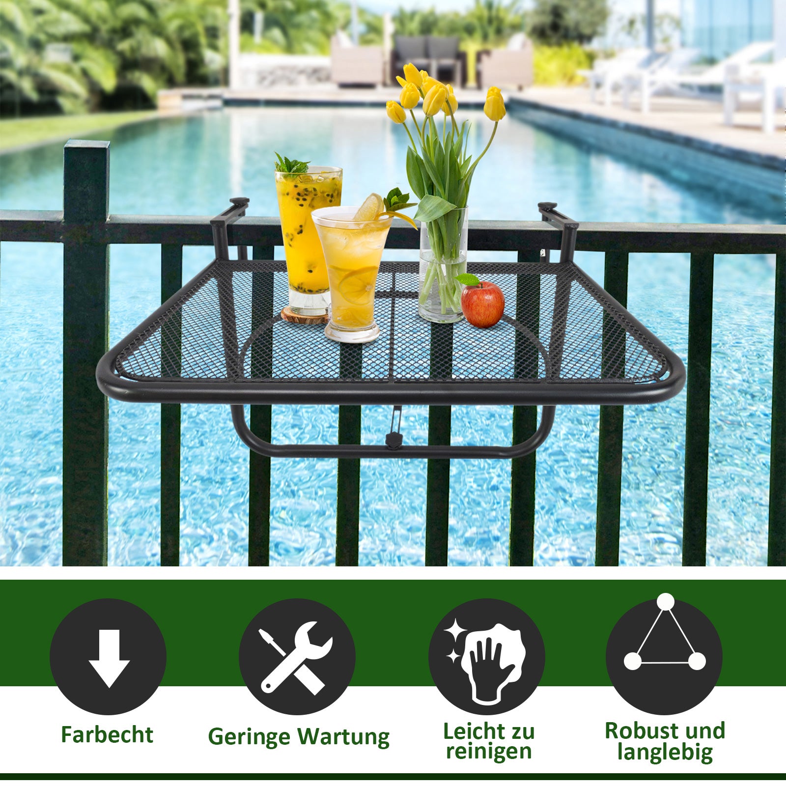 Balcony Hanging Table 3-Step Height Adjustable Hanging Table Made of Metal Weatherproof Balcony Table Side Table for Balcony Railing Terrace Railing Table for Hanging 60 x 56.5 cm, Black