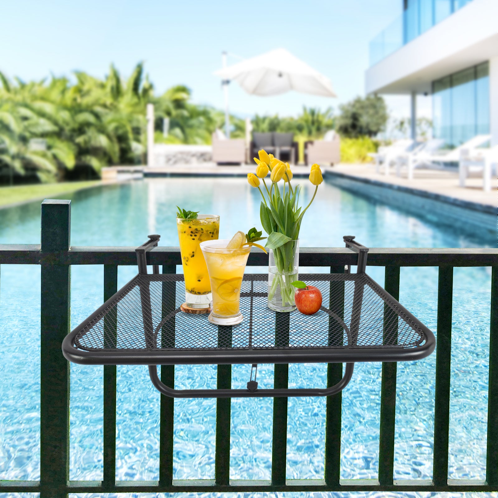Balcony Hanging Table 3-Step Height Adjustable Hanging Table Made of Metal Weatherproof Balcony Table Side Table for Balcony Railing Terrace Railing Table for Hanging 60 x 56.5 cm, Black