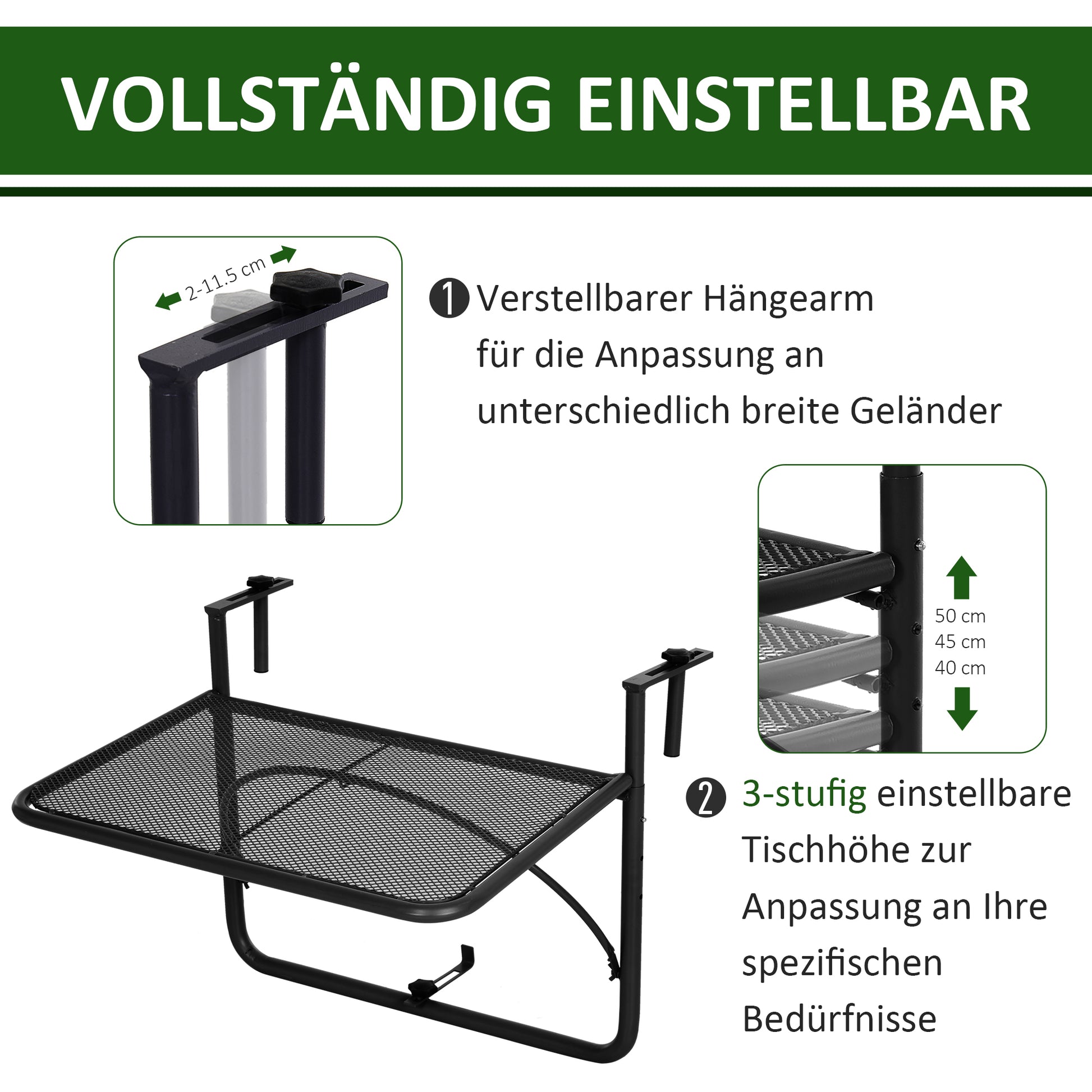 Balcony Hanging Table 3-Step Height Adjustable Hanging Table Made of Metal Weatherproof Balcony Table Side Table for Balcony Railing Terrace Railing Table for Hanging 60 x 56.5 cm, Black