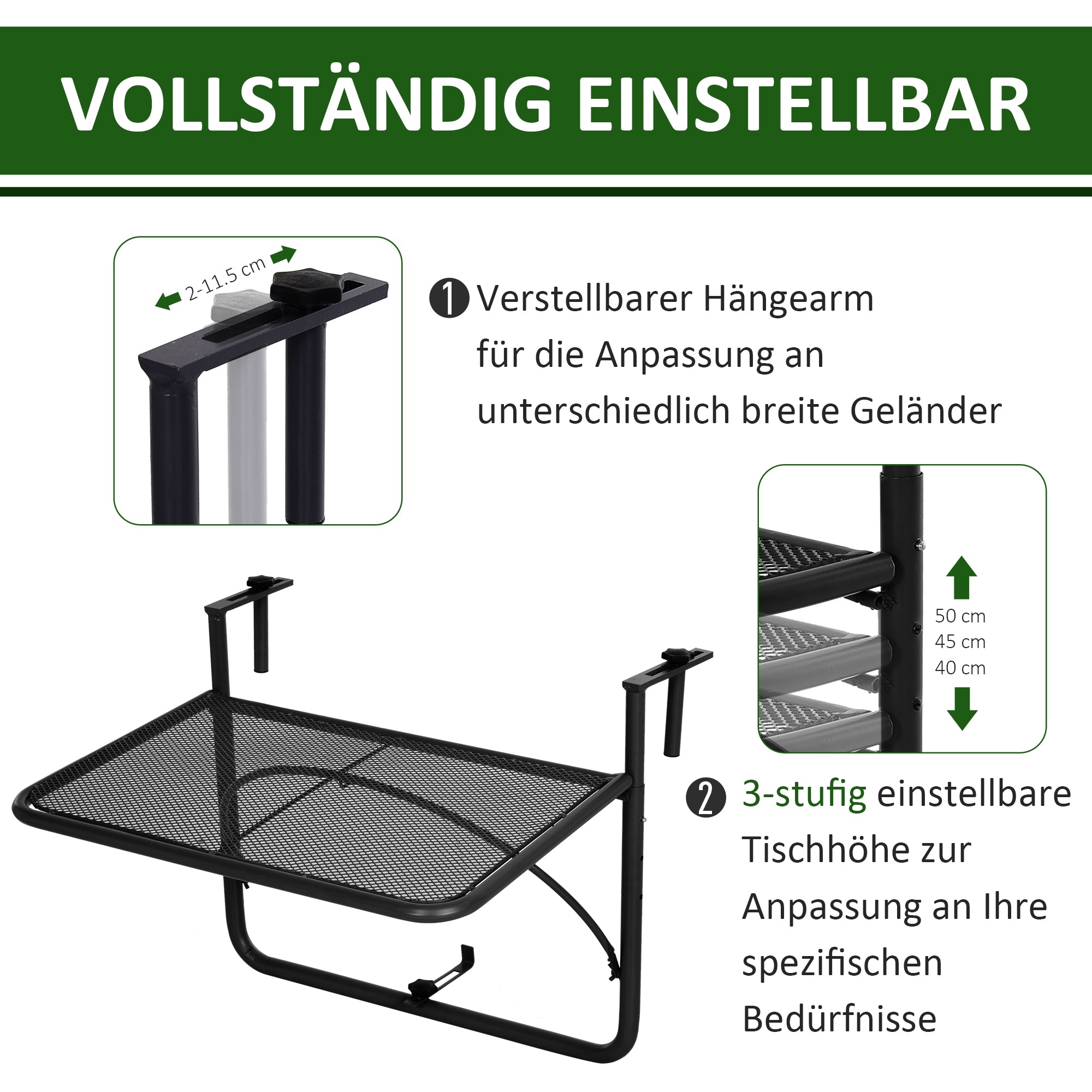 Balcony Hanging Table 3-Step Height Adjustable Hanging Table Made of Metal Weatherproof Balcony Table Side Table for Balcony Railing Terrace Railing Table for Hanging 60 x 56.5 cm, Black