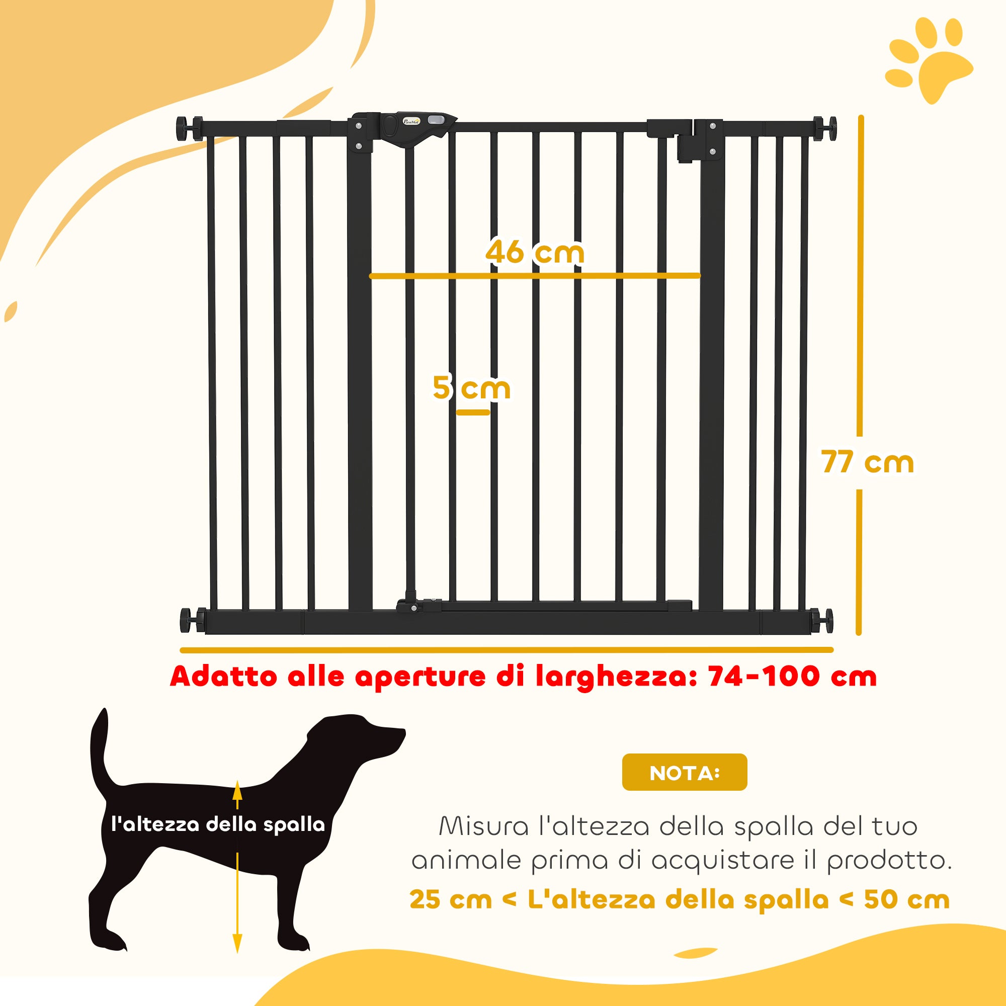 Dog and Pet Gate 2 Extensions Adjustable Width Up to 100 cm with Automatic Closure, Black