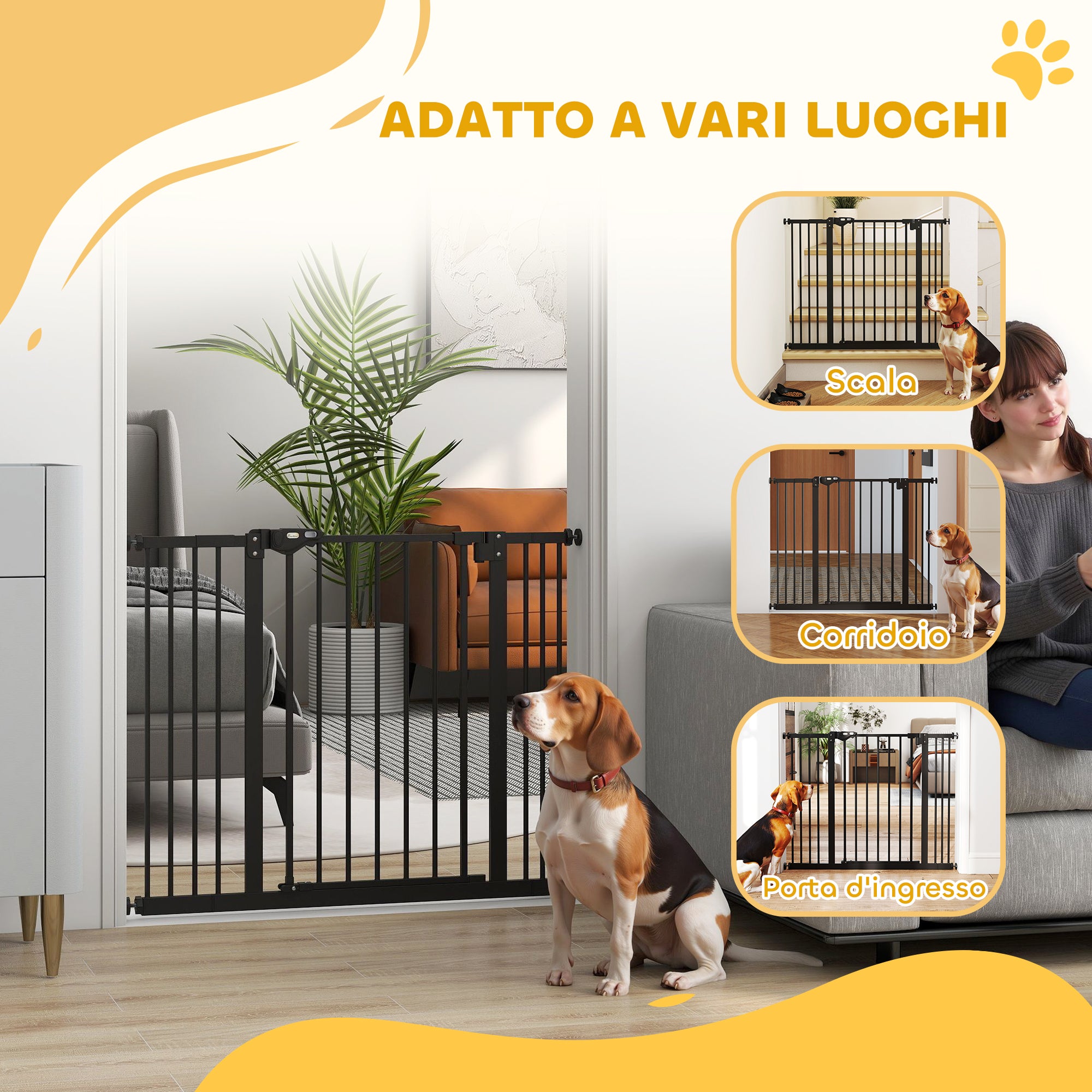 Dog and Pet Gate 2 Extensions Adjustable Width Up to 100 cm with Automatic Closure, Black