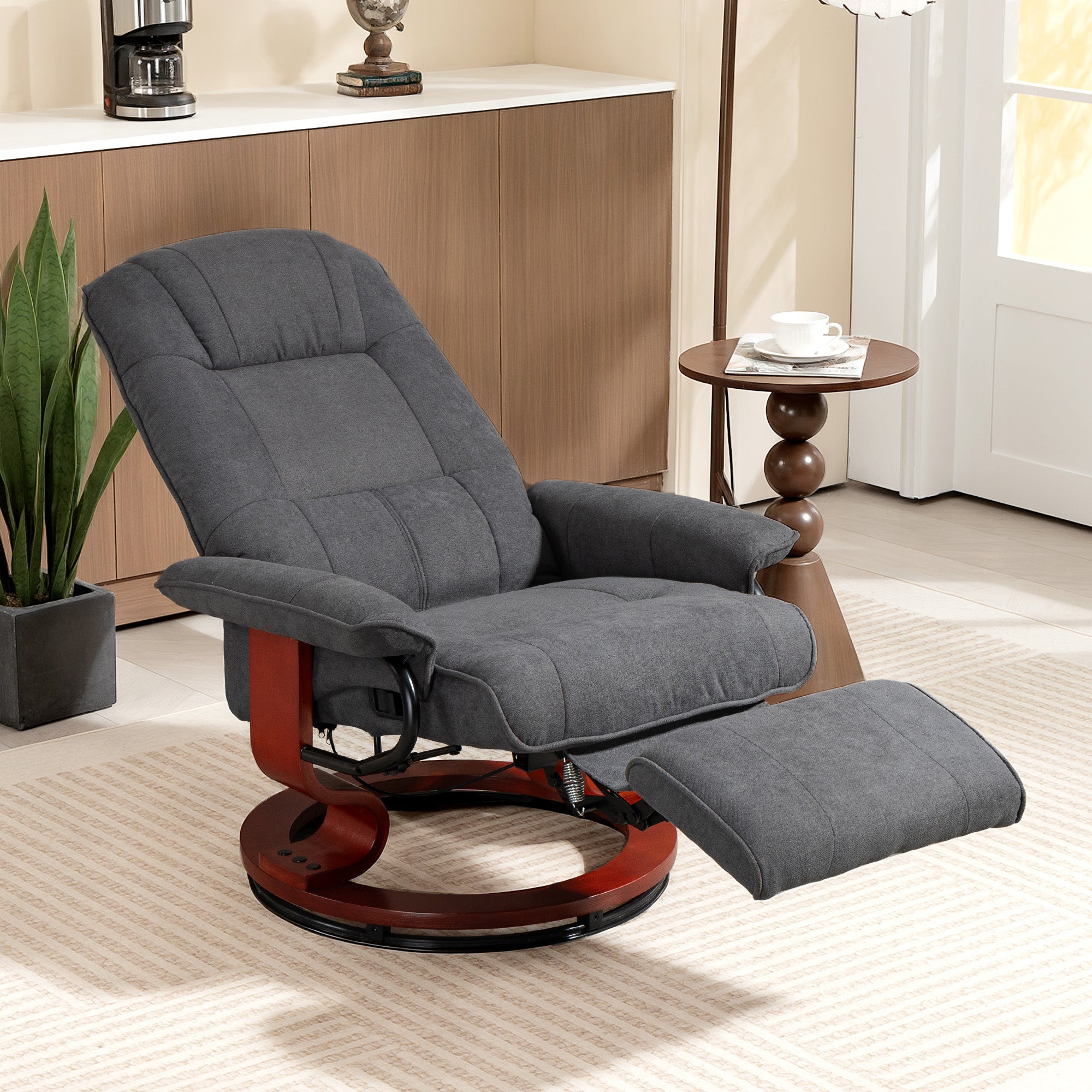 Recliner Armchair with Adjustable Footrest, 360° Swivel, Solid Wood Legs, Linen-Style Gray Fabric