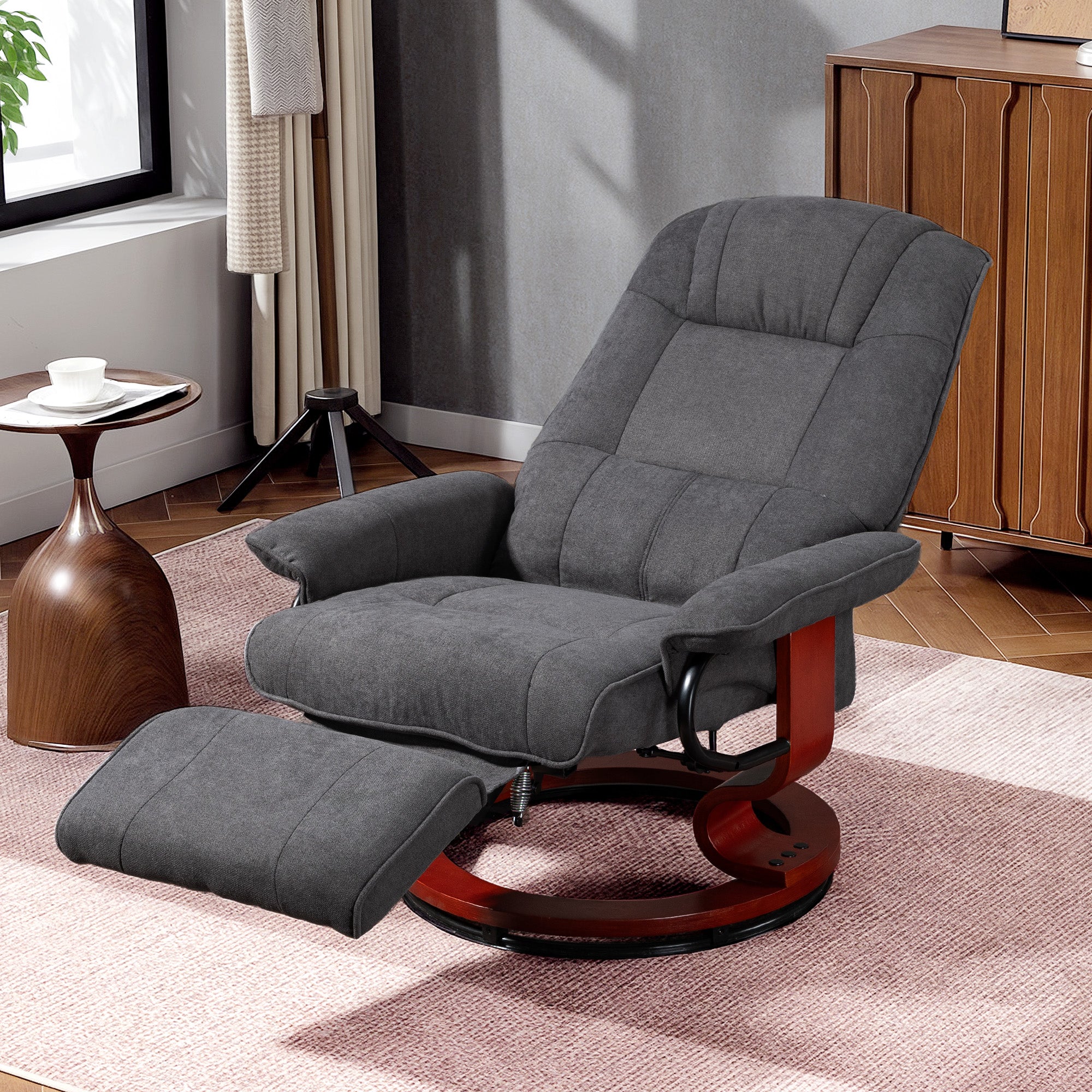 Recliner Armchair with Adjustable Footrest, 360° Swivel, Solid Wood Legs, Linen-Style Gray Fabric