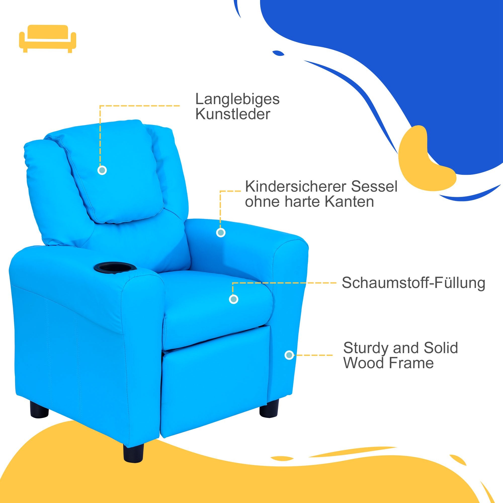 Children's Armchair, Mini Chair, Children's Sofa for 3-6 years old, Reclining Function, Built-In Cup Holder, Blue, 62 x 52 x 69 cm