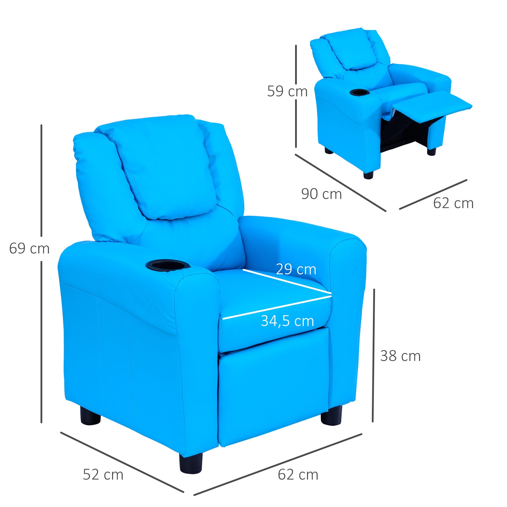 Children's Armchair, Mini Chair, Children's Sofa for 3-6 years old, Reclining Function, Built-In Cup Holder, Blue, 62 x 52 x 69 cm