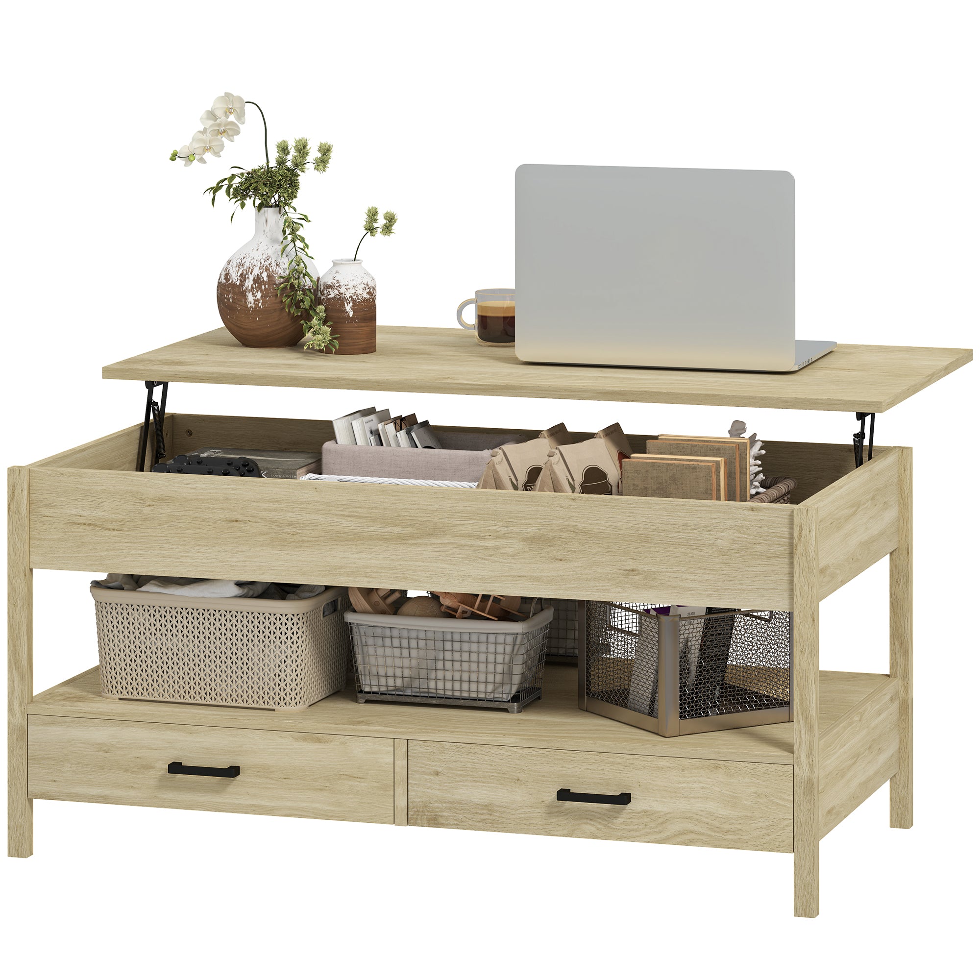 Lift-Top Coffee Table with Lift-Up Top, Hidden Storage Compartment, Drawers, and Open Shelf 100x50x48-62 cm Oak