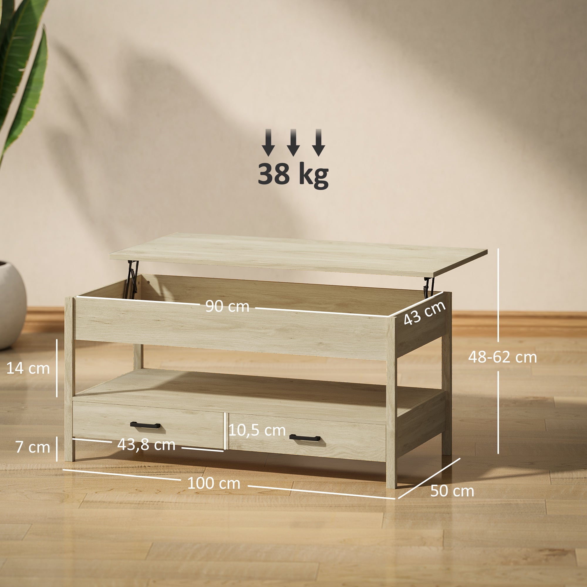 Lift-Top Coffee Table with Lift-Up Top, Hidden Storage Compartment, Drawers, and Open Shelf 100x50x48-62 cm Oak