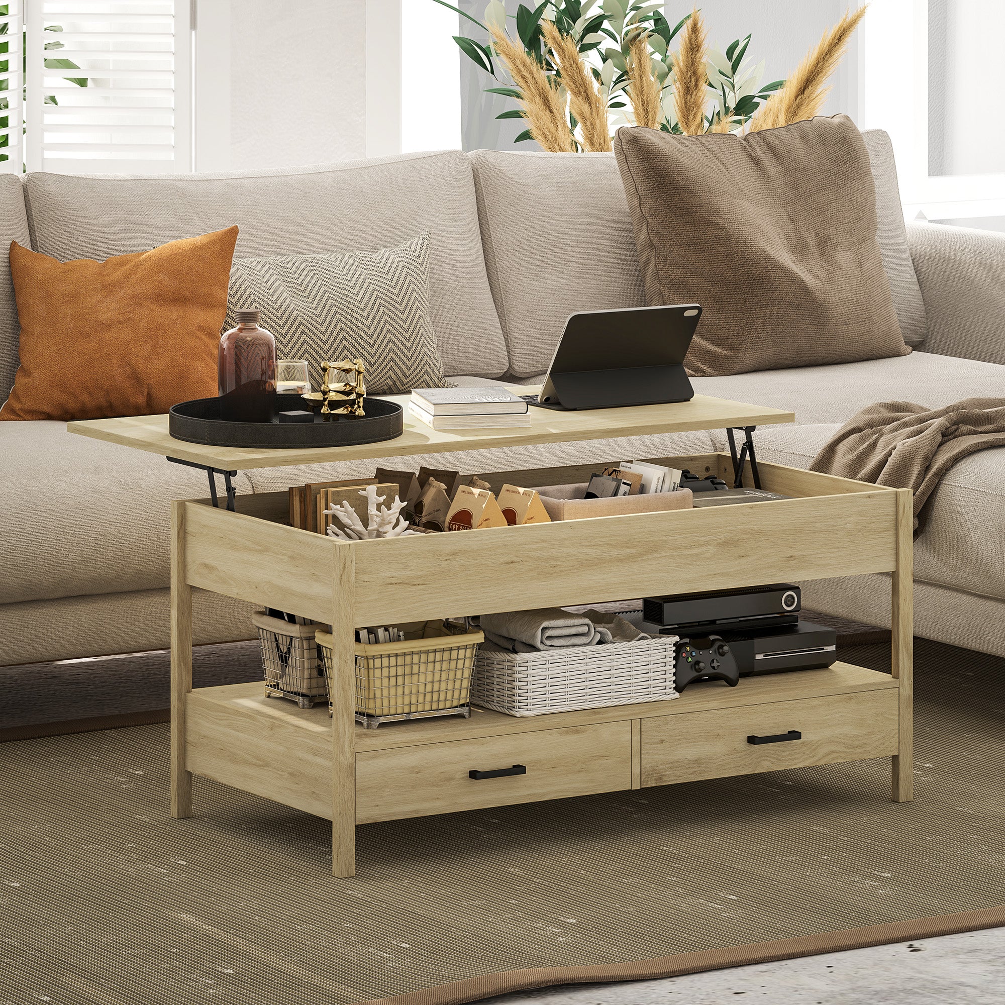 Lift-Top Coffee Table with Lift-Up Top, Hidden Storage Compartment, Drawers, and Open Shelf 100x50x48-62 cm Oak