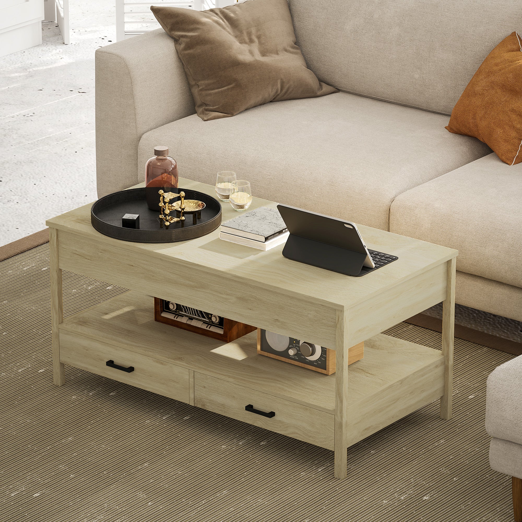 Lift-Top Coffee Table with Lift-Up Top, Hidden Storage Compartment, Drawers, and Open Shelf 100x50x48-62 cm Oak