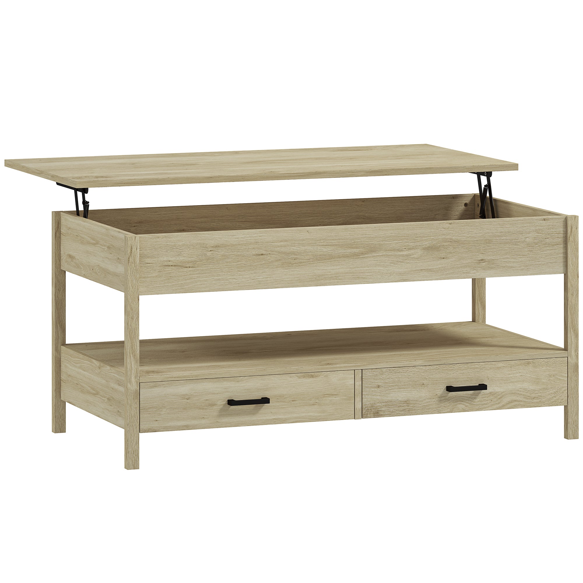 Lift-Top Coffee Table with Lift-Up Top, Hidden Storage Compartment, Drawers, and Open Shelf 100x50x48-62 cm Oak