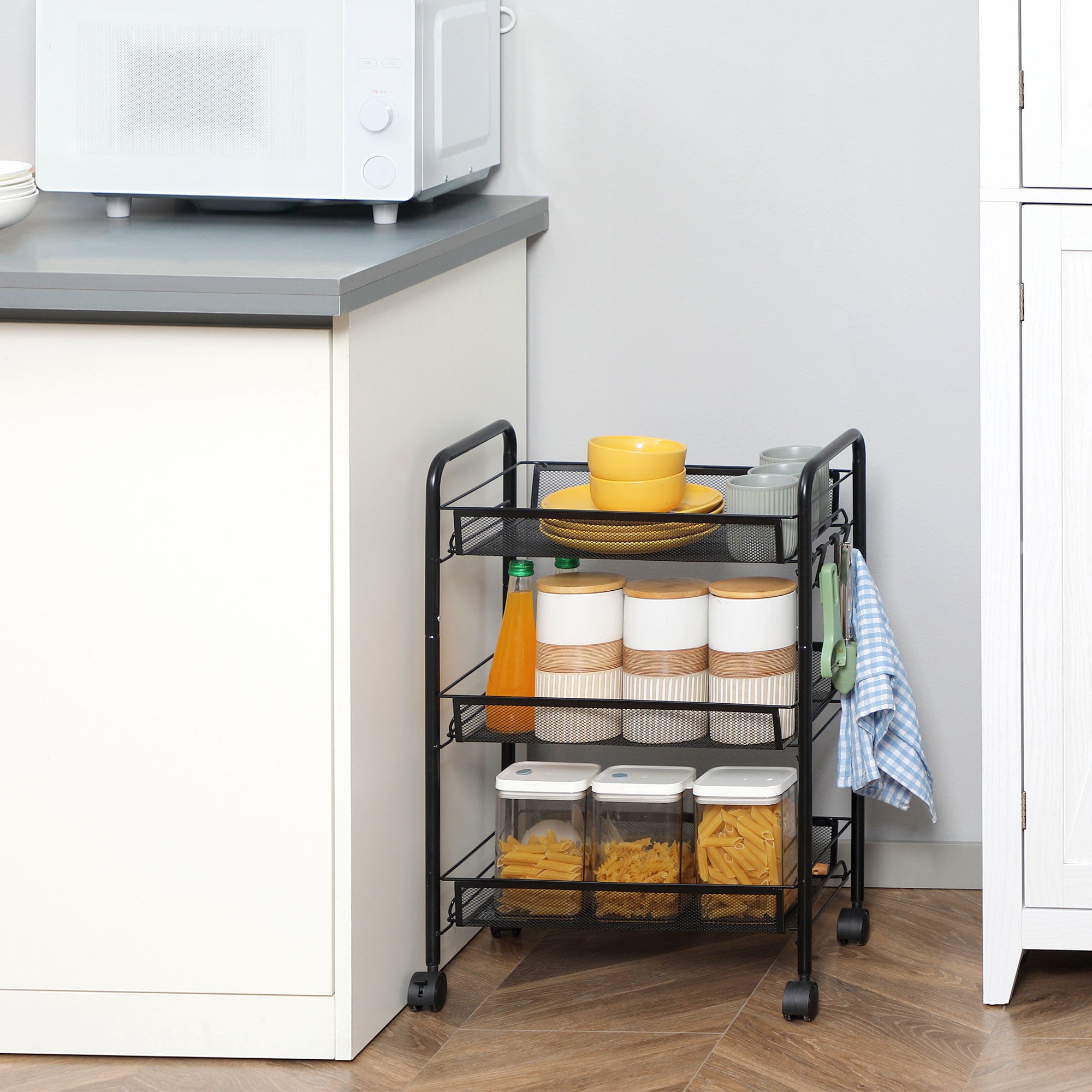 3-Tier Kitchen and Bathroom Cart with Baskets Rolling Storage Trolley 45 x 26.5 x 63 cm Black