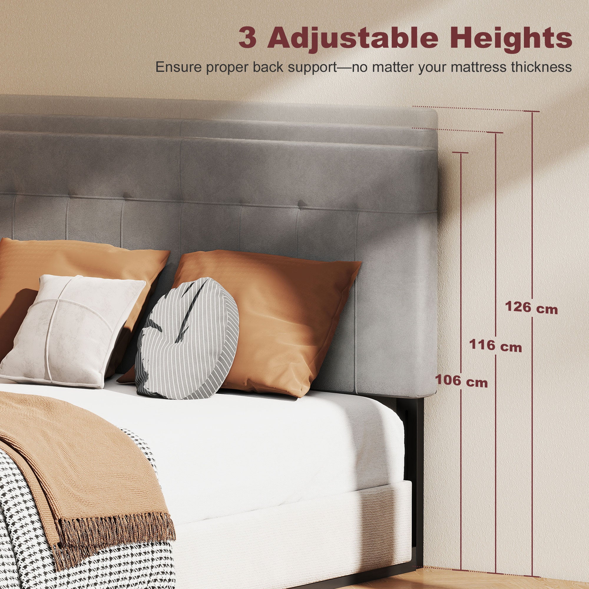 3-Height Adjustable Velvet-Look Padded Headboard with Metal Legs — Fits 53–55" Beds, Gray (140 x 10 x 106/116/126 cm)