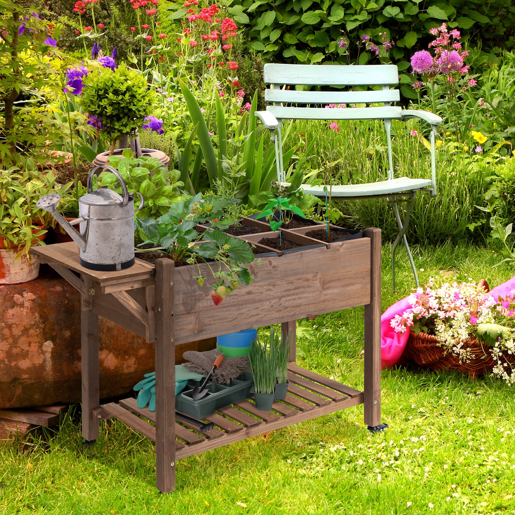 Raised Garden Planter on Wheels - Shelf, Foldable Side Table, Irrigation Inserts, Drainage Felt Included - Pre-Oiled Fir Wood