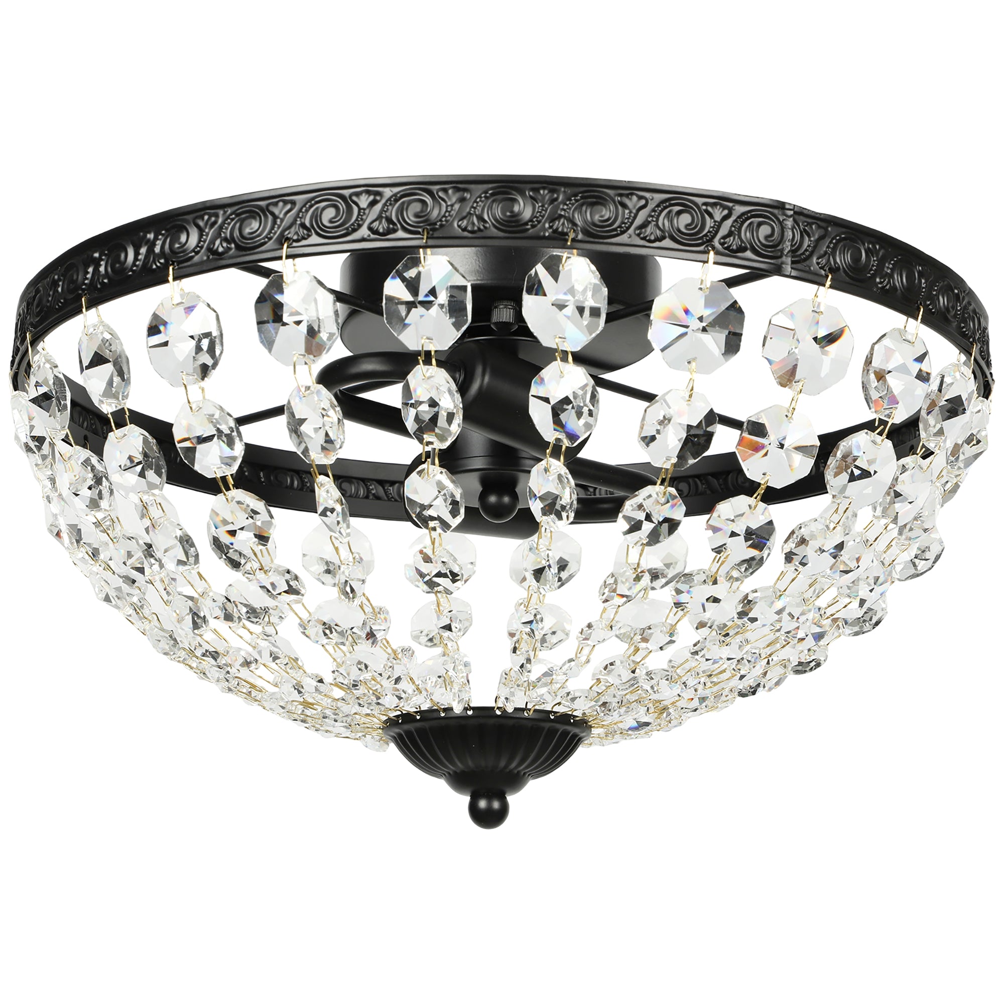 Classic Crystal Ceiling Light with 2 E14 Sockets, 40W, Vintage Flush Mount with 168 Crystal Beads for Bedroom, Living Room, Kitchen and Dining Room, Black