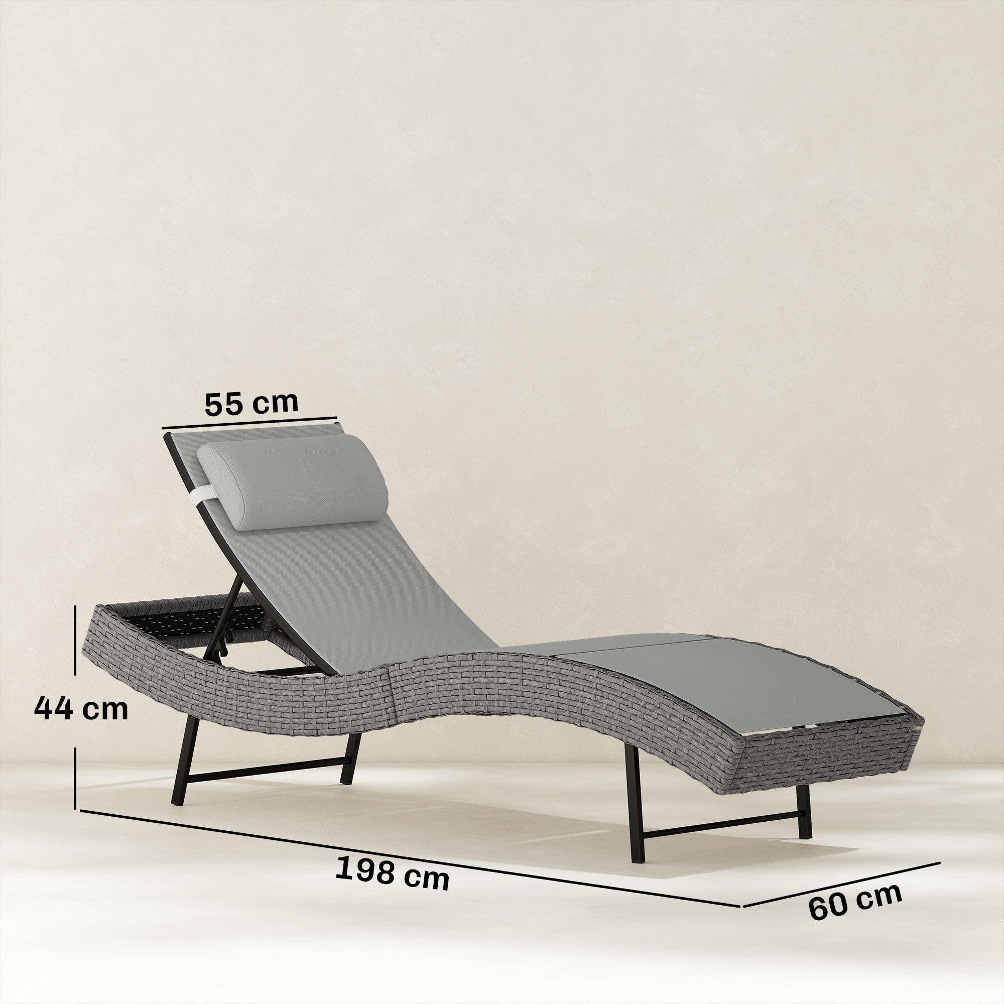 S-Shape Poly Rattan Sun Lounger — 5-Position Adjustable Recliner with Headrest, Breathable UV-Resistant Mesh, Weatherproof Outdoor Rattan Chaise — Light Gray
