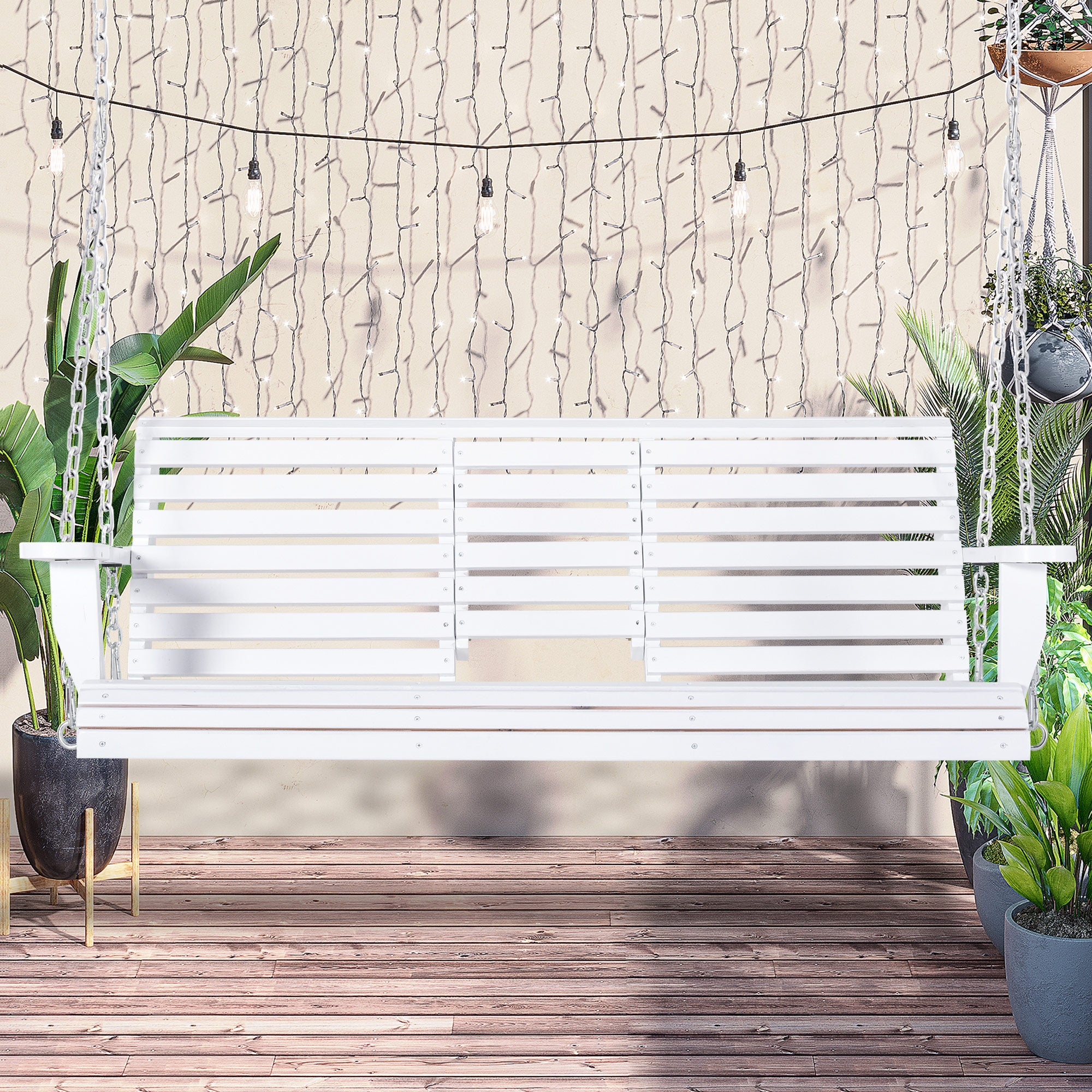 Hanging Bench Garden Swing Bench with Foldable Coffee Table for 2-3 People Fir Wood Patio Terrace Backyard Comfortable 150 x 75 x 53 cm White