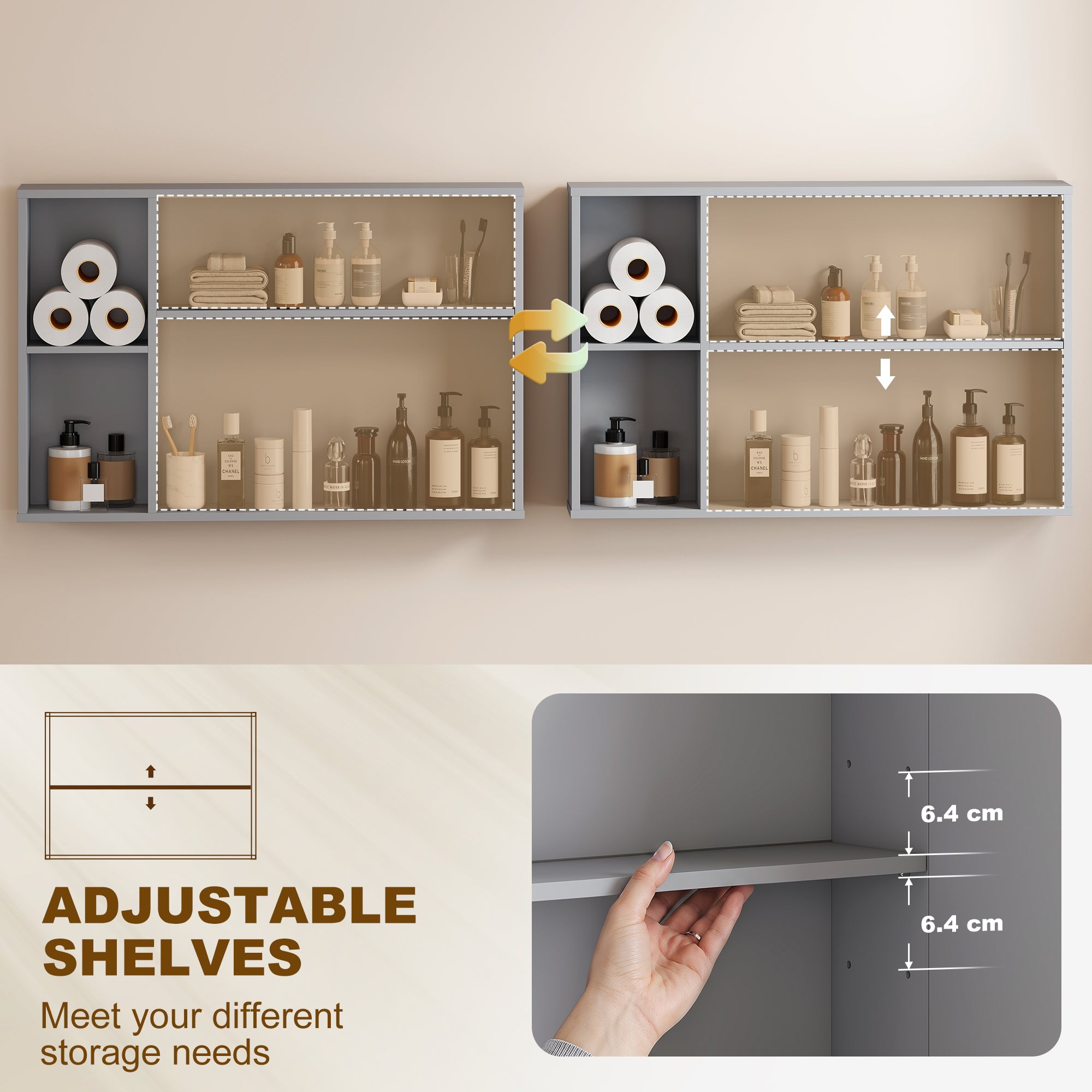 3-Door Wall-Mounted Bathroom Mirror Cabinet with Adjustable Shelves and Soft-Close Hinges — Gray, 35.4 x 5.9 x 23.6 in