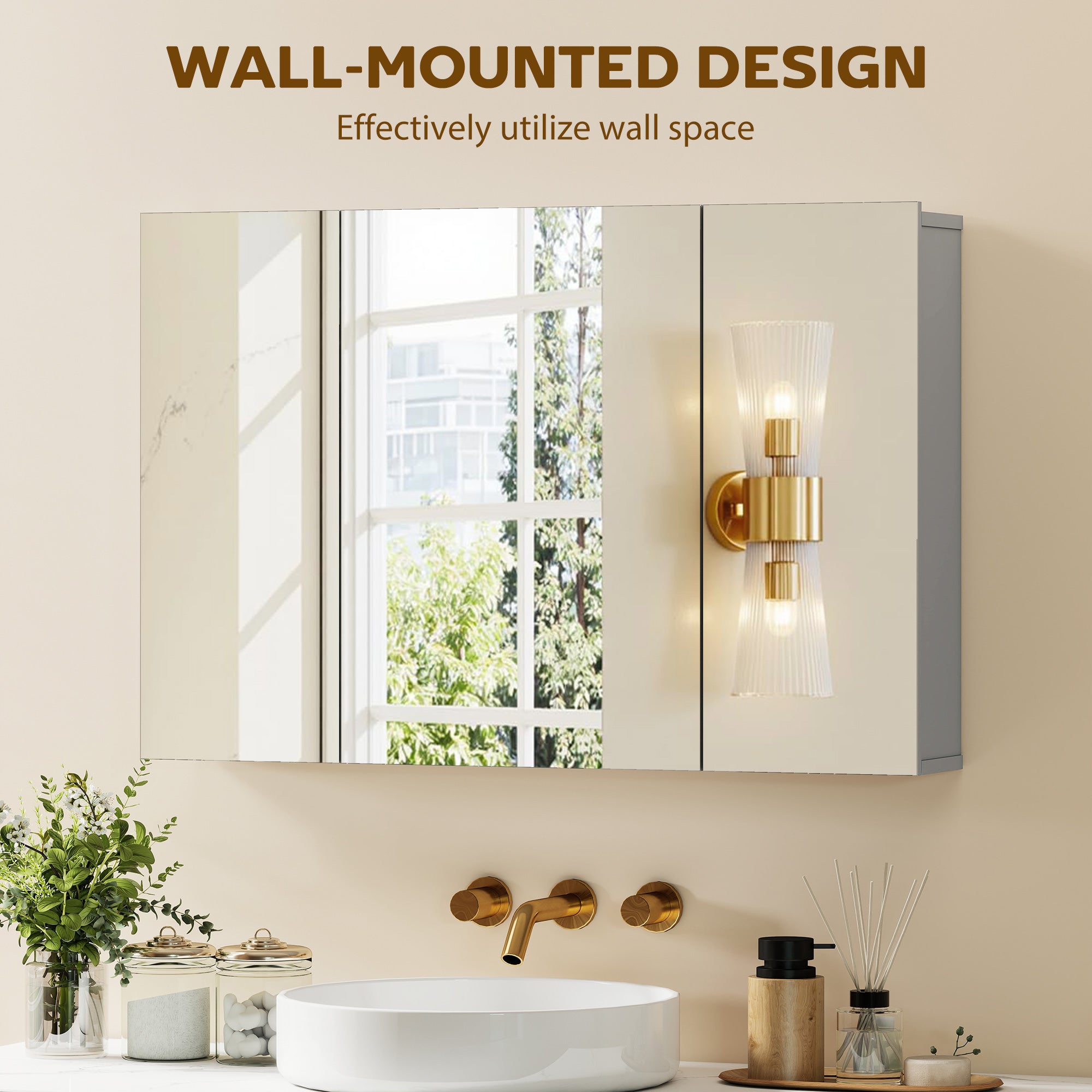 3-Door Wall-Mounted Bathroom Mirror Cabinet with Adjustable Shelves and Soft-Close Hinges — Gray, 35.4 x 5.9 x 23.6 in