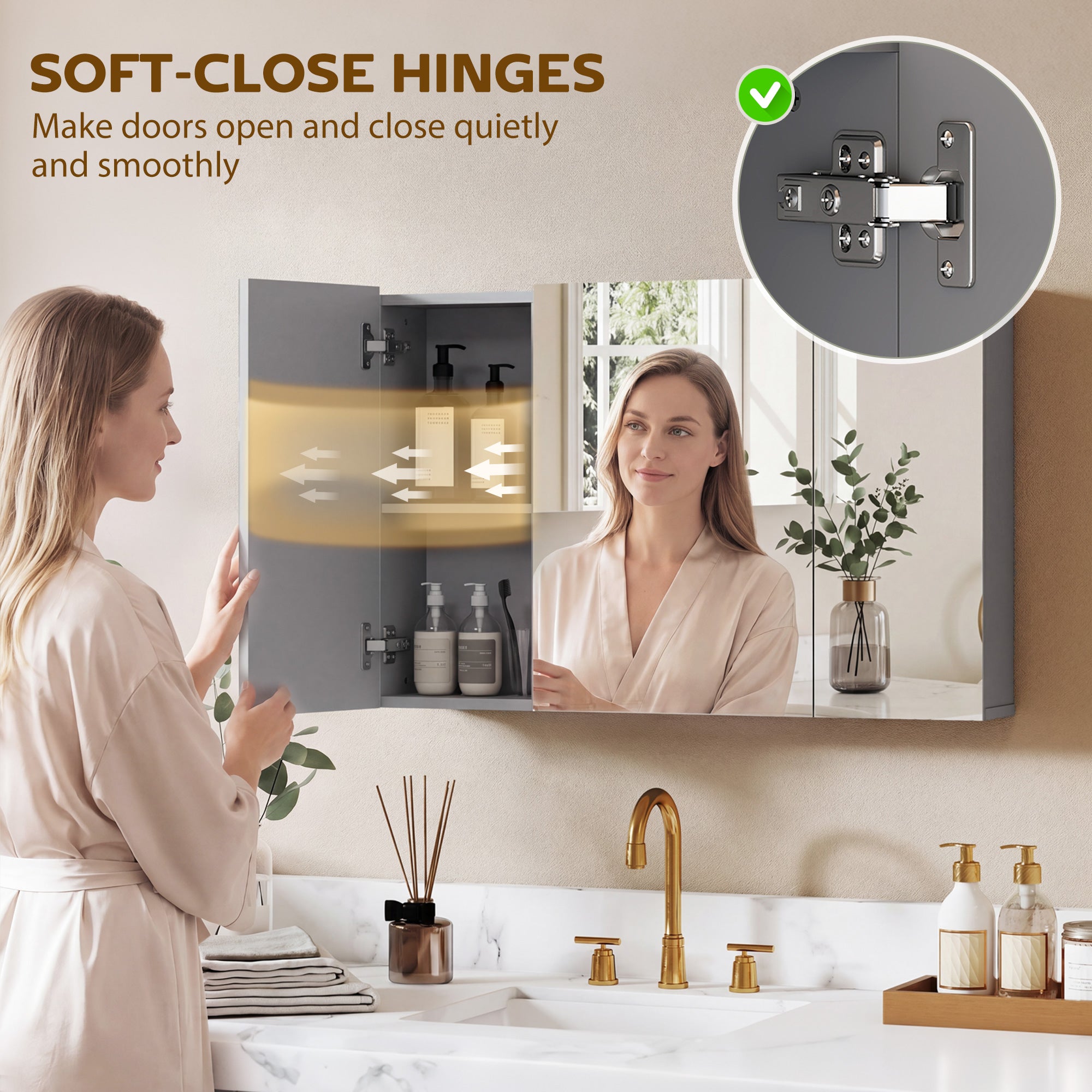 3-Door Wall-Mounted Bathroom Mirror Cabinet with Adjustable Shelves and Soft-Close Hinges — Gray, 35.4 x 5.9 x 23.6 in