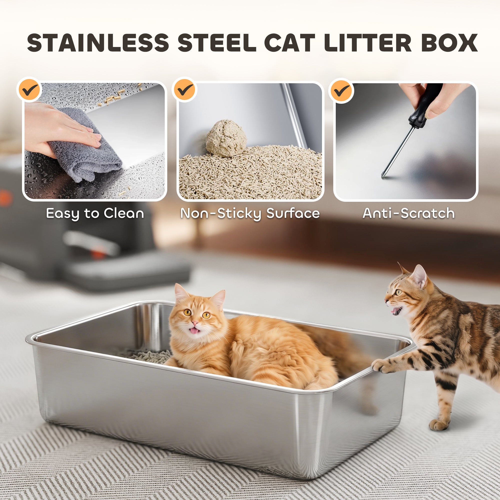 XXL Stainless Steel Cat Litter Box, 130 L (≈34.3 US gal) — 180° Flip Lid, High Sides, Scoop & Step — For Up to 3 Cats (≤22 lb / 10 kg each) — 27.6 x 19.7 x 16.9 in, Gray