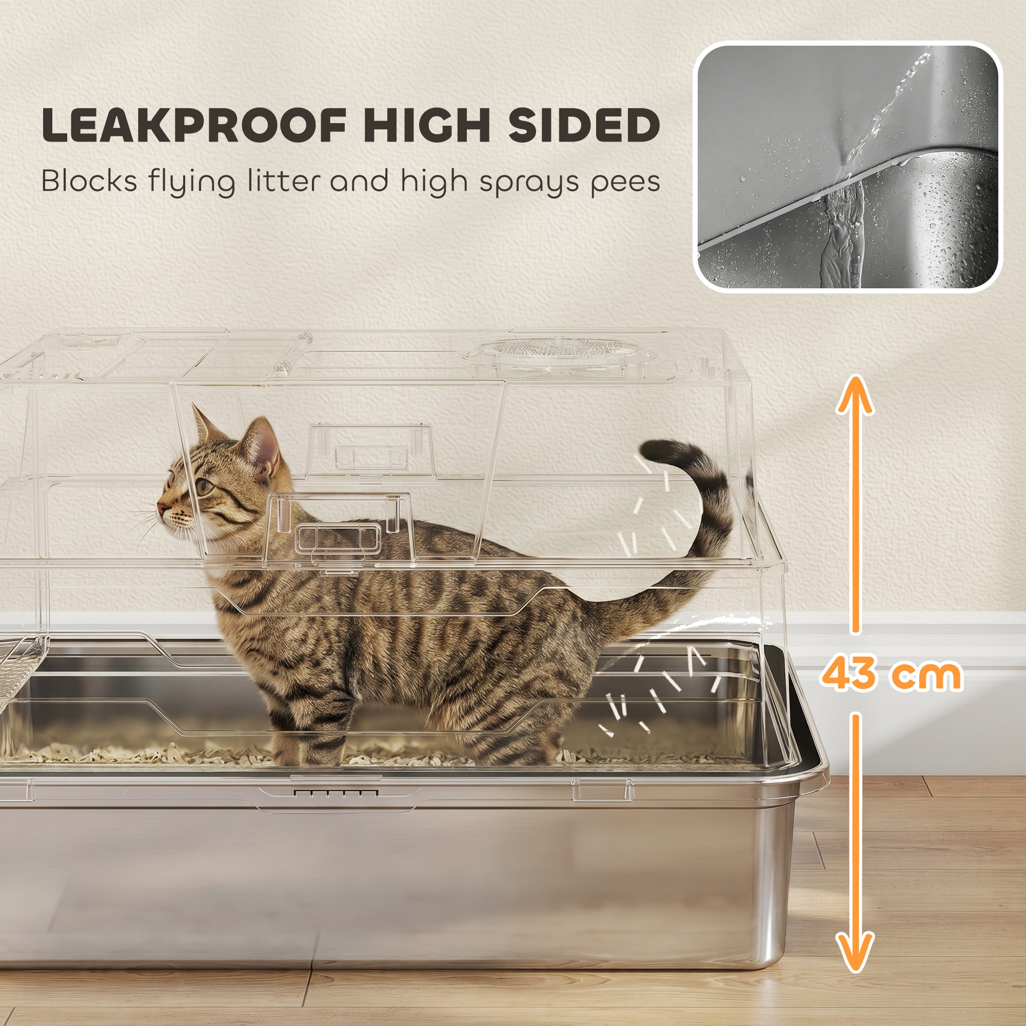 XXL Stainless Steel Cat Litter Box, 130 L (≈34.3 US gal) — 180° Flip Lid, High Sides, Scoop & Step — For Up to 3 Cats (≤22 lb / 10 kg each) — 27.6 x 19.7 x 16.9 in, Gray