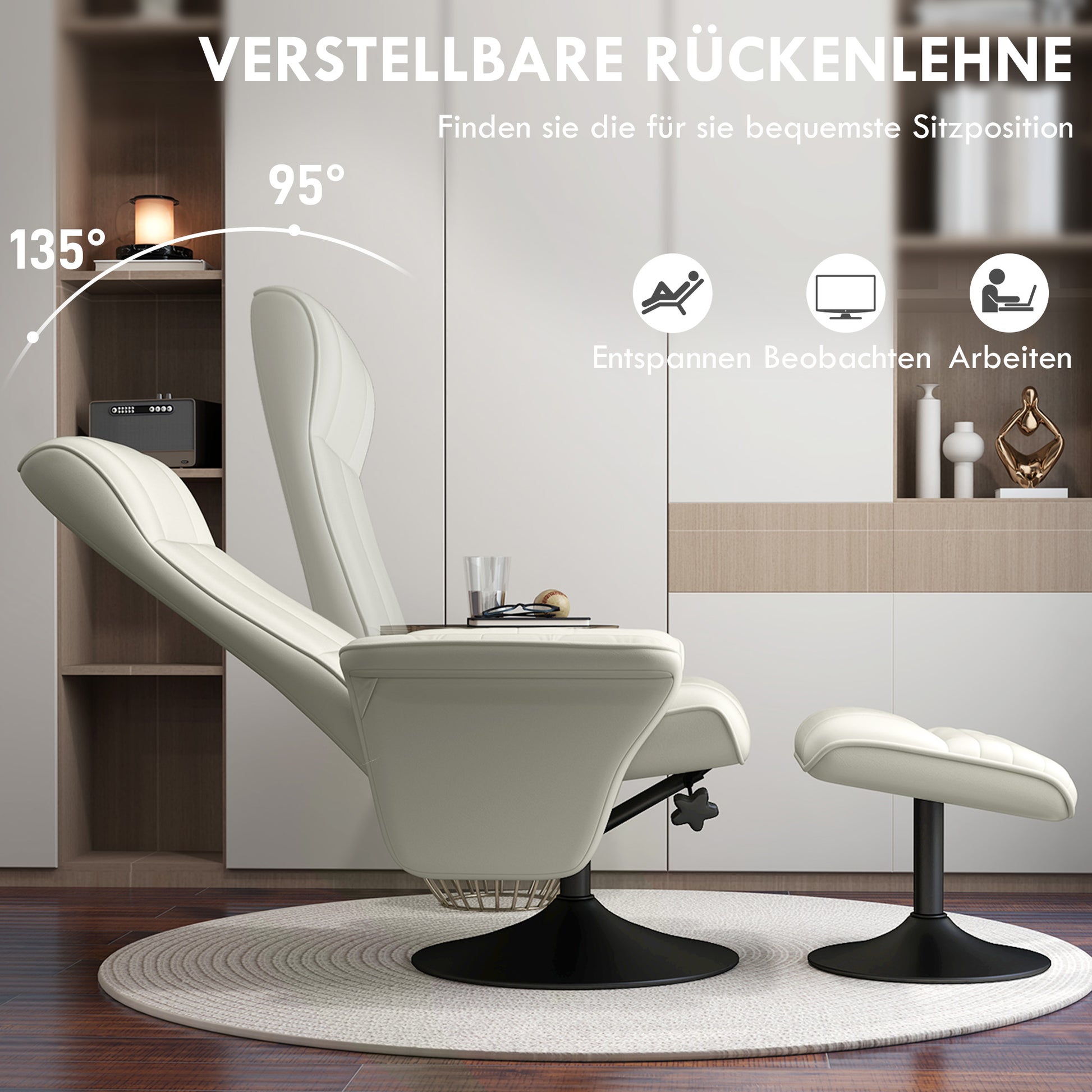 Reclining Chair with Footstool, 360° Swivel TV Chair with Reclining Function Padded TV Chair with Microfiber Look for Living Room, Cream White